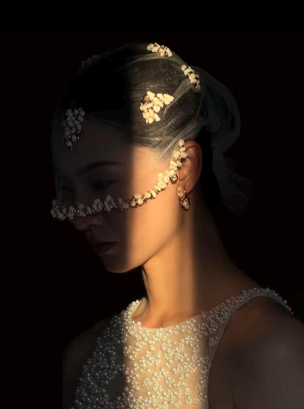 Fully Hand Sewn Shell Stone Short Tulle Veil, Unique Handcrafted Wedding Blusher Veil