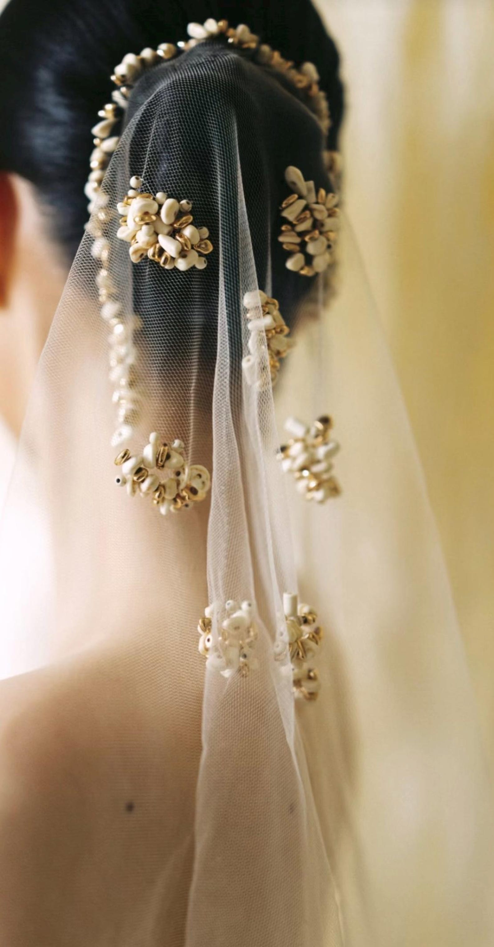 Fully Hand Sewn Shell Stone Short Tulle Veil, Unique Handcrafted Wedding Blusher Veil
