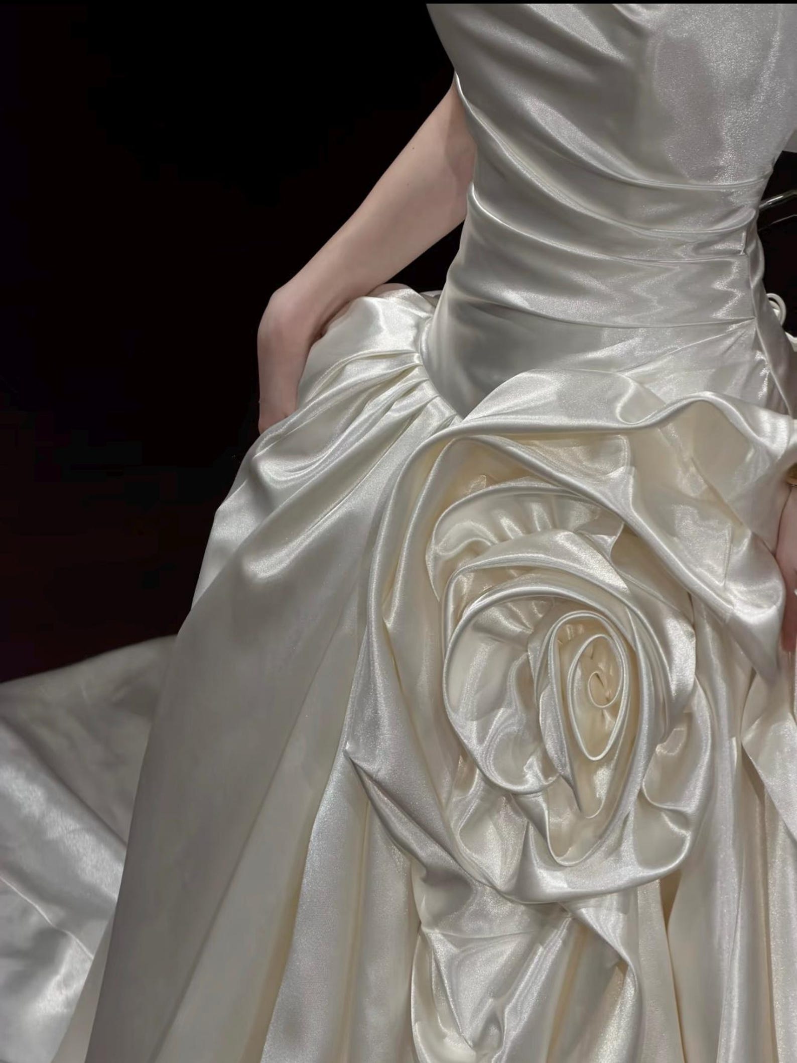 Strapless Draped Satin Wedding Dress, Handmade 3D Rose Ball Gown Bridal Gown With Train