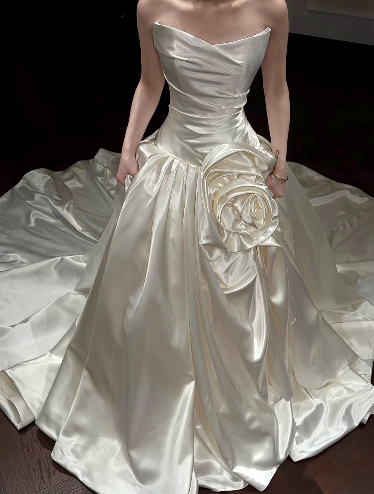 Strapless Draped Satin Wedding Dress, Handmade 3D Rose Ball Gown Bridal Gown With Train