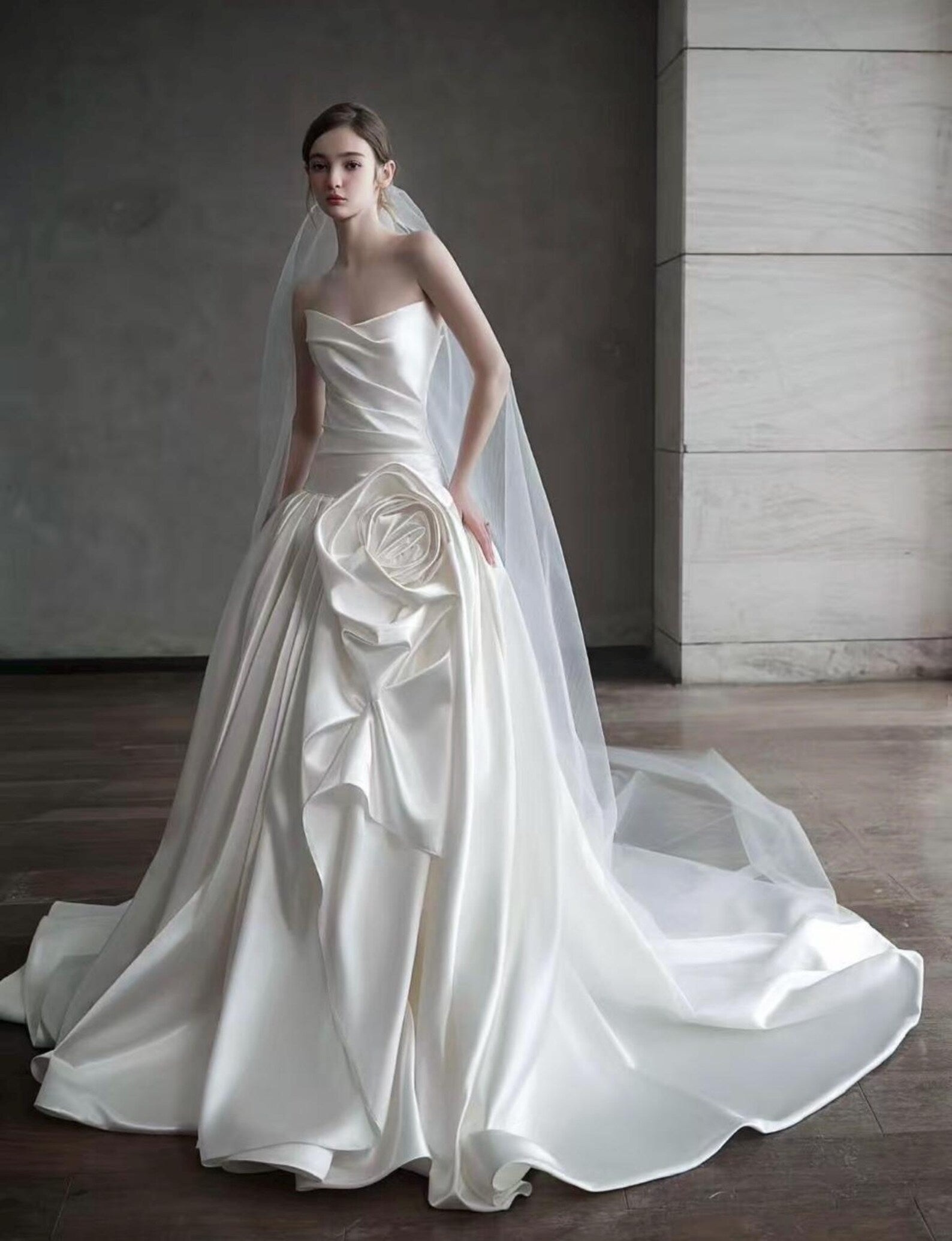 Strapless Draped Satin Wedding Dress, Handmade 3D Rose Ball Gown Bridal Gown With Train
