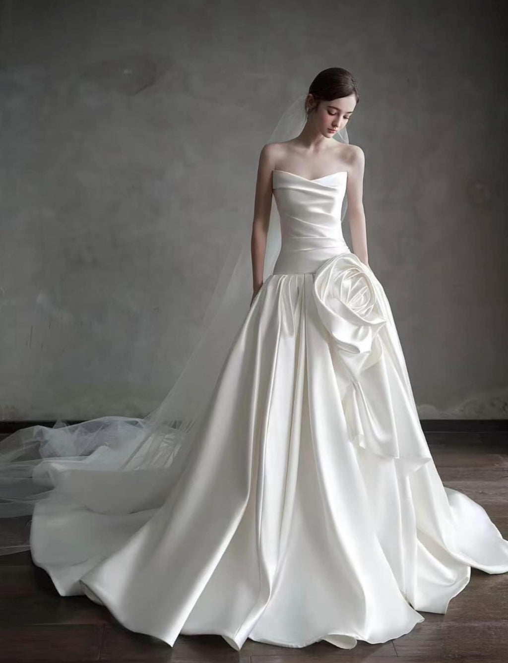 Strapless Draped Satin Wedding Dress, Handmade 3D Rose Ball Gown Bridal Gown With Train