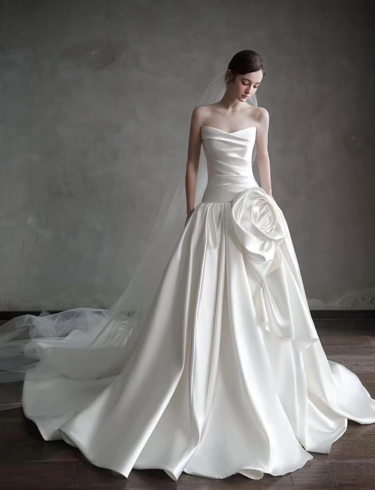 Strapless Draped Satin Wedding Dress, Handmade 3D Rose Ball Gown Bridal Gown With Train