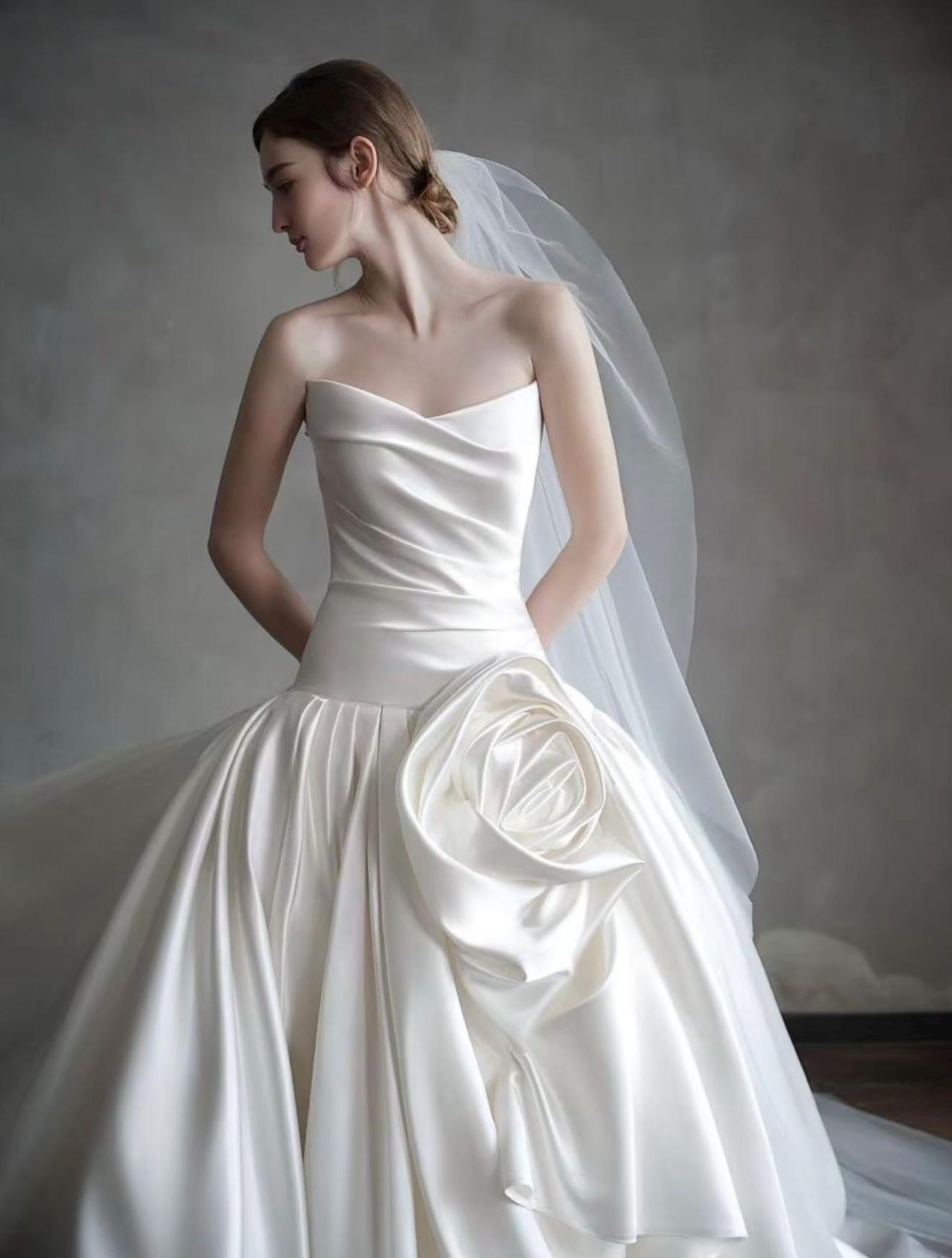 Strapless Draped Satin Wedding Dress, Handmade 3D Rose Ball Gown Bridal Gown With Train