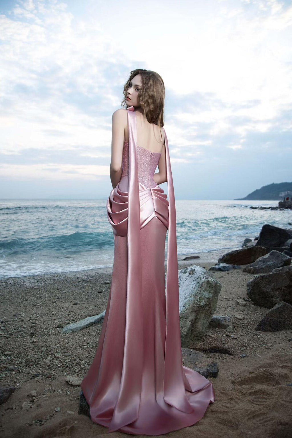 Blush Pink Satin Mermaid Evening Gown, Strapless Crystal Sweetheart Formal Dress With 3D Rose Neck Ribbon, Beach Wedding Guest Dress