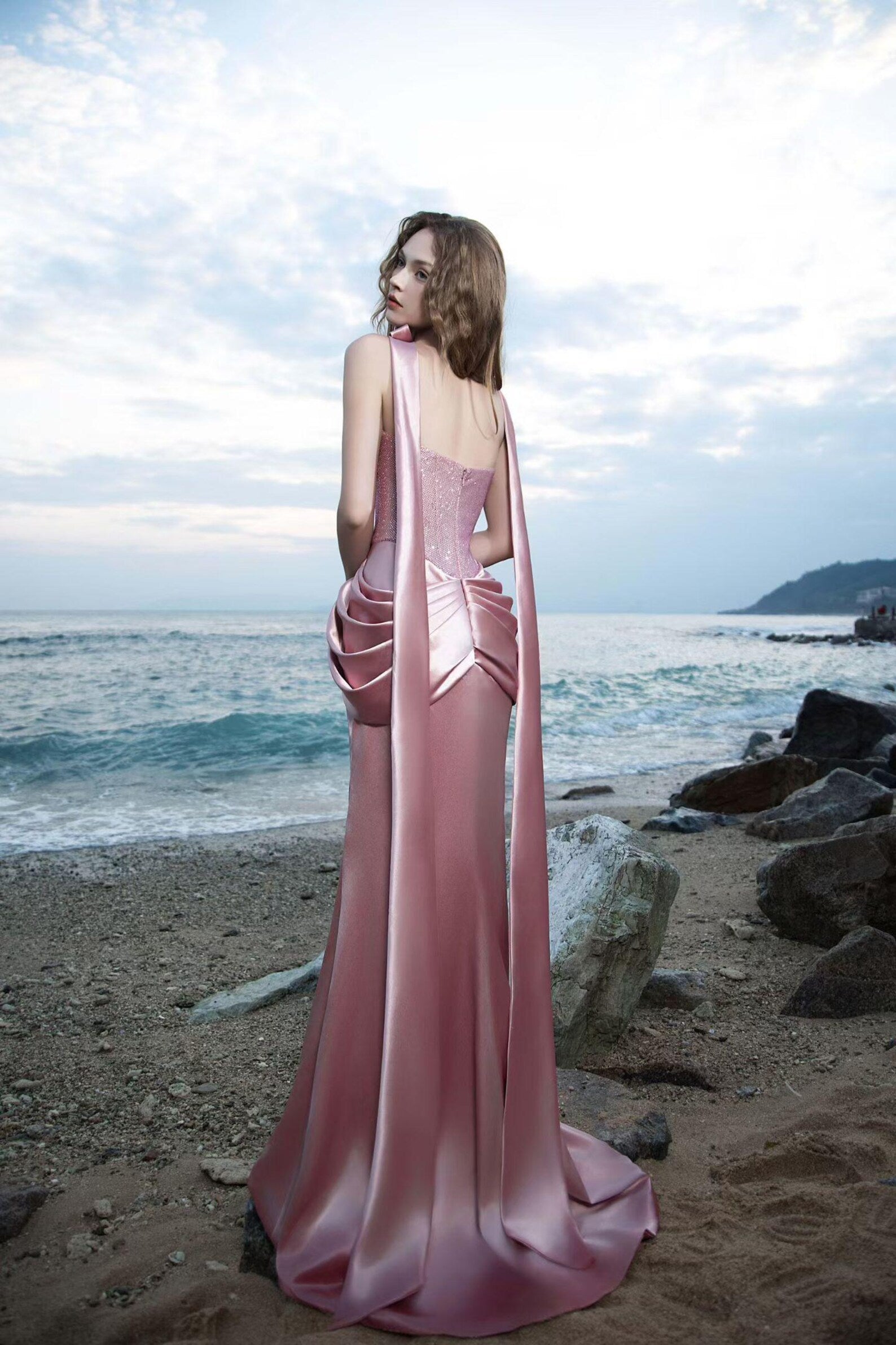 Blush Pink Satin Mermaid Evening Gown, Strapless Crystal Sweetheart Formal Dress With 3D Rose Neck Ribbon, Beach Wedding Guest Dress