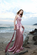 Blush Pink Satin Mermaid Evening Gown, Strapless Crystal Sweetheart Formal Dress With 3D Rose Neck Ribbon, Beach Wedding Guest Dress