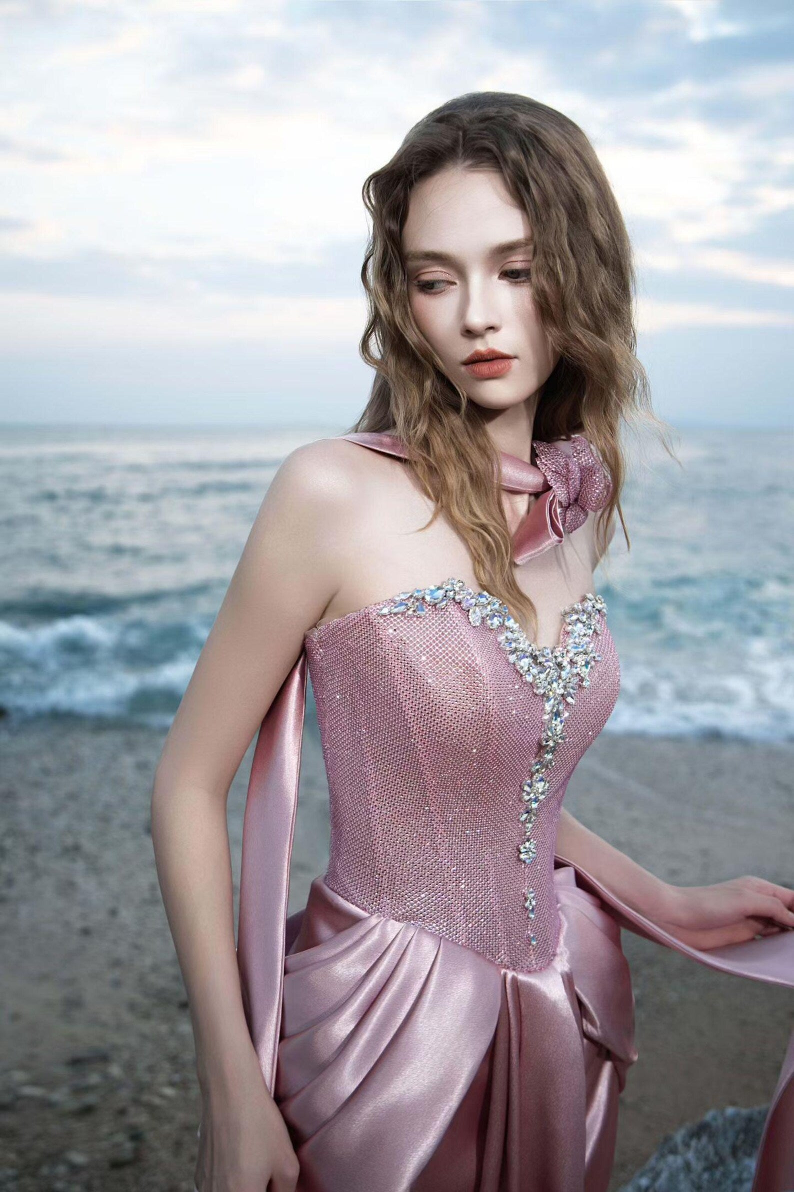 Blush Pink Satin Mermaid Evening Gown, Strapless Crystal Sweetheart Formal Dress With 3D Rose Neck Ribbon, Beach Wedding Guest Dress