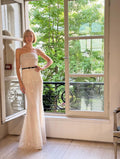 Strapless Sparkly Mermaid Wedding Dress, Grid Beaded Bridal Gown with Thin Black Sash, Custom Size Formal Wedding Gown