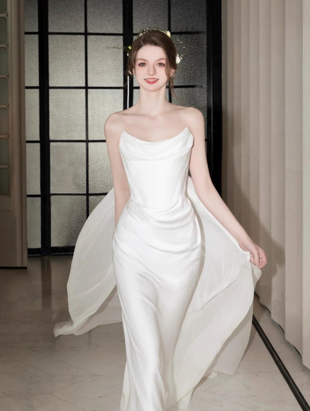Minimalist Satin Mermaid Bridal Gown Cowl Neck Strapless Wedding Dress With Flowing Train