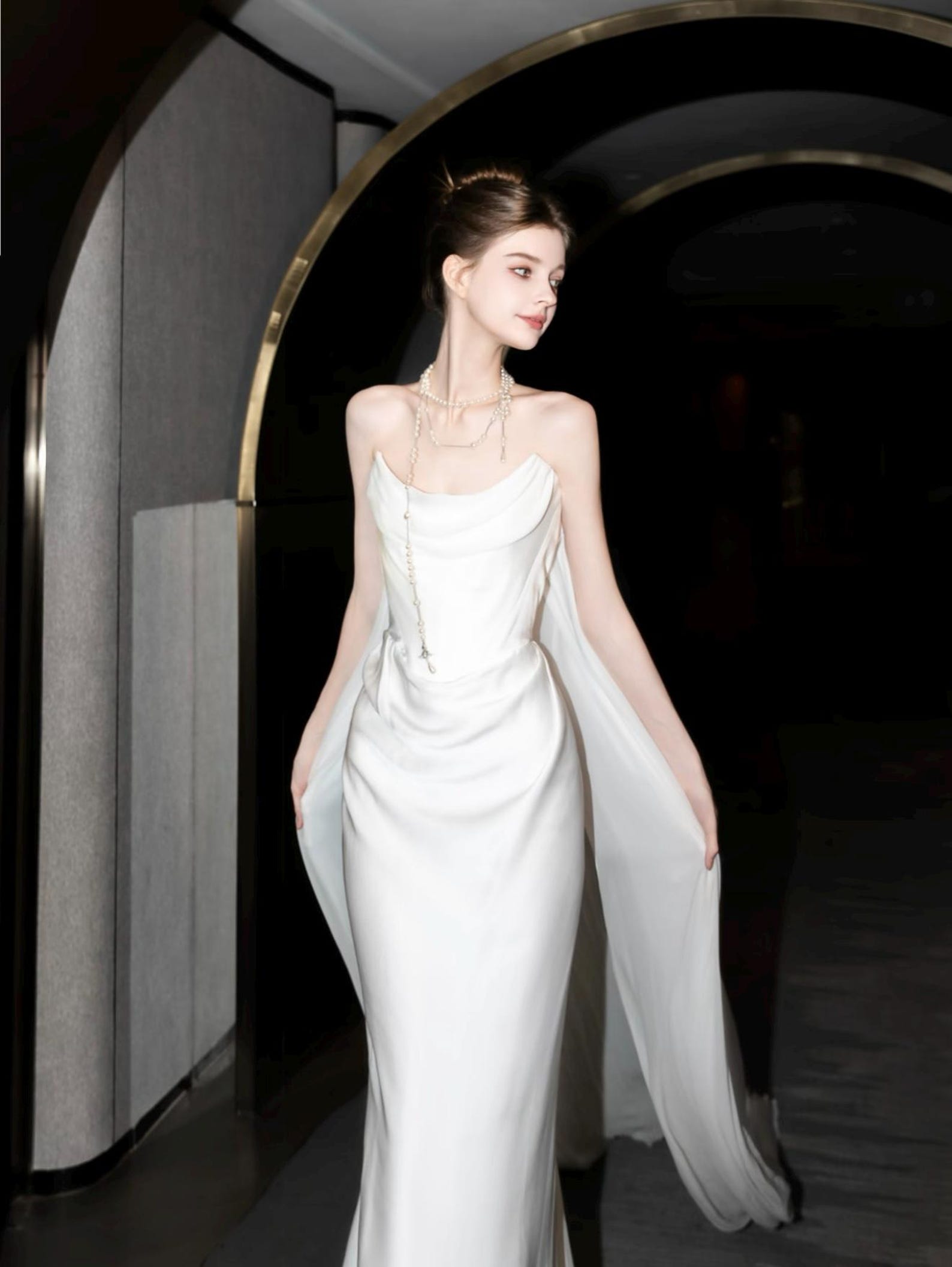 Minimalist Satin Mermaid Bridal Gown Cowl Neck Strapless Wedding Dress With Flowing Train