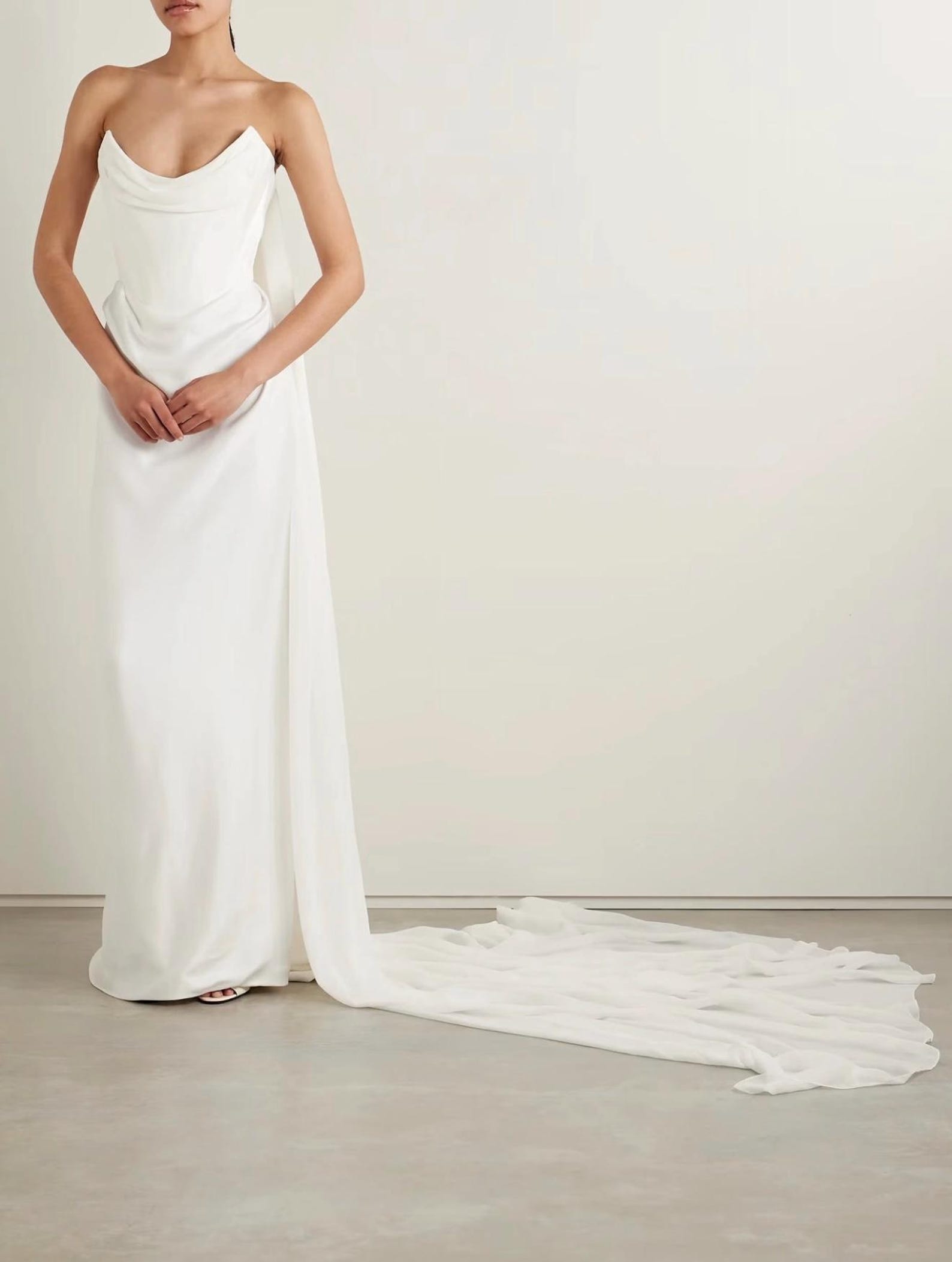Minimalist Satin Mermaid Bridal Gown Cowl Neck Strapless Wedding Dress With Flowing Train