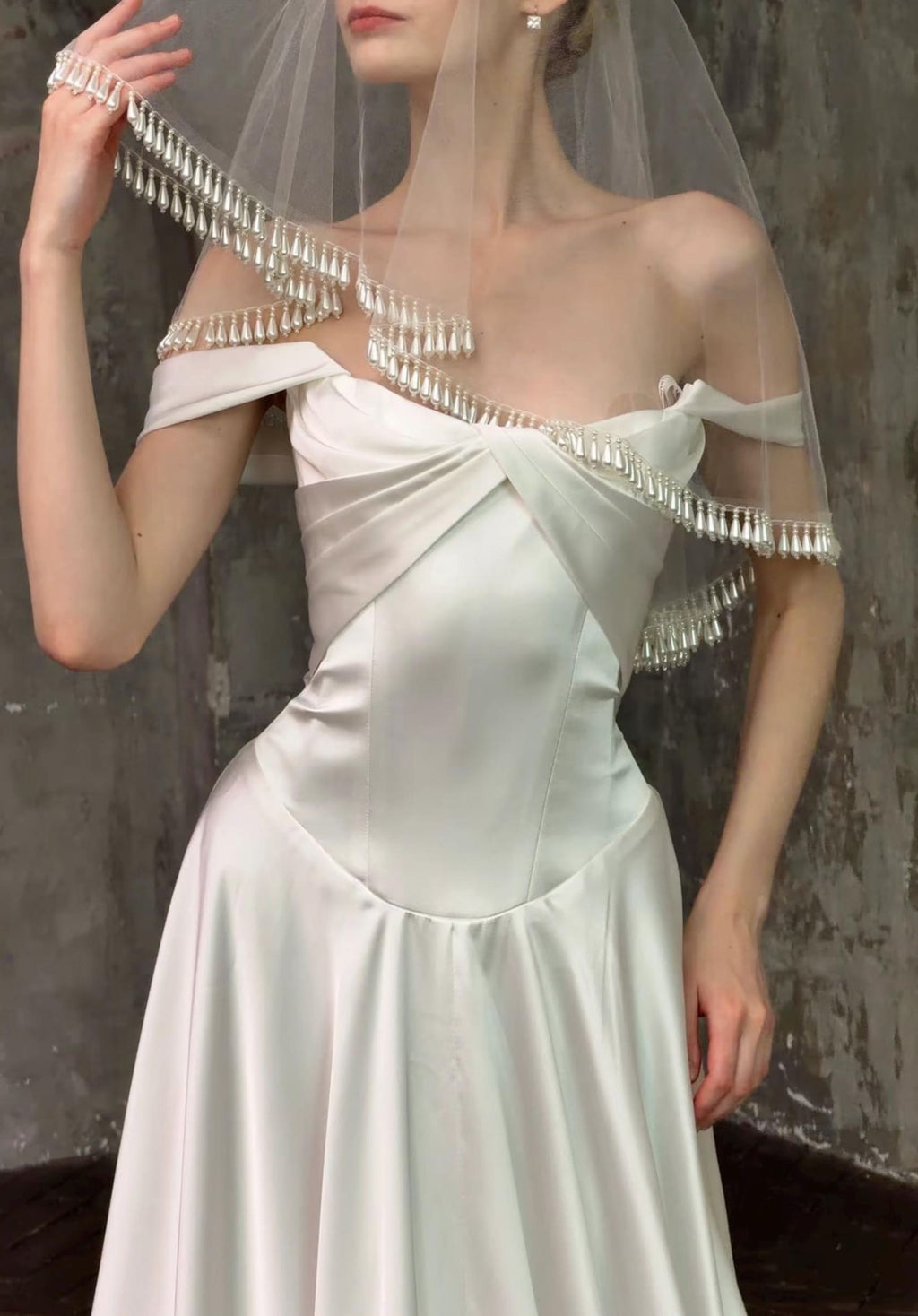 Satin Off Shoulder Twist Minimalist Wedding Dress