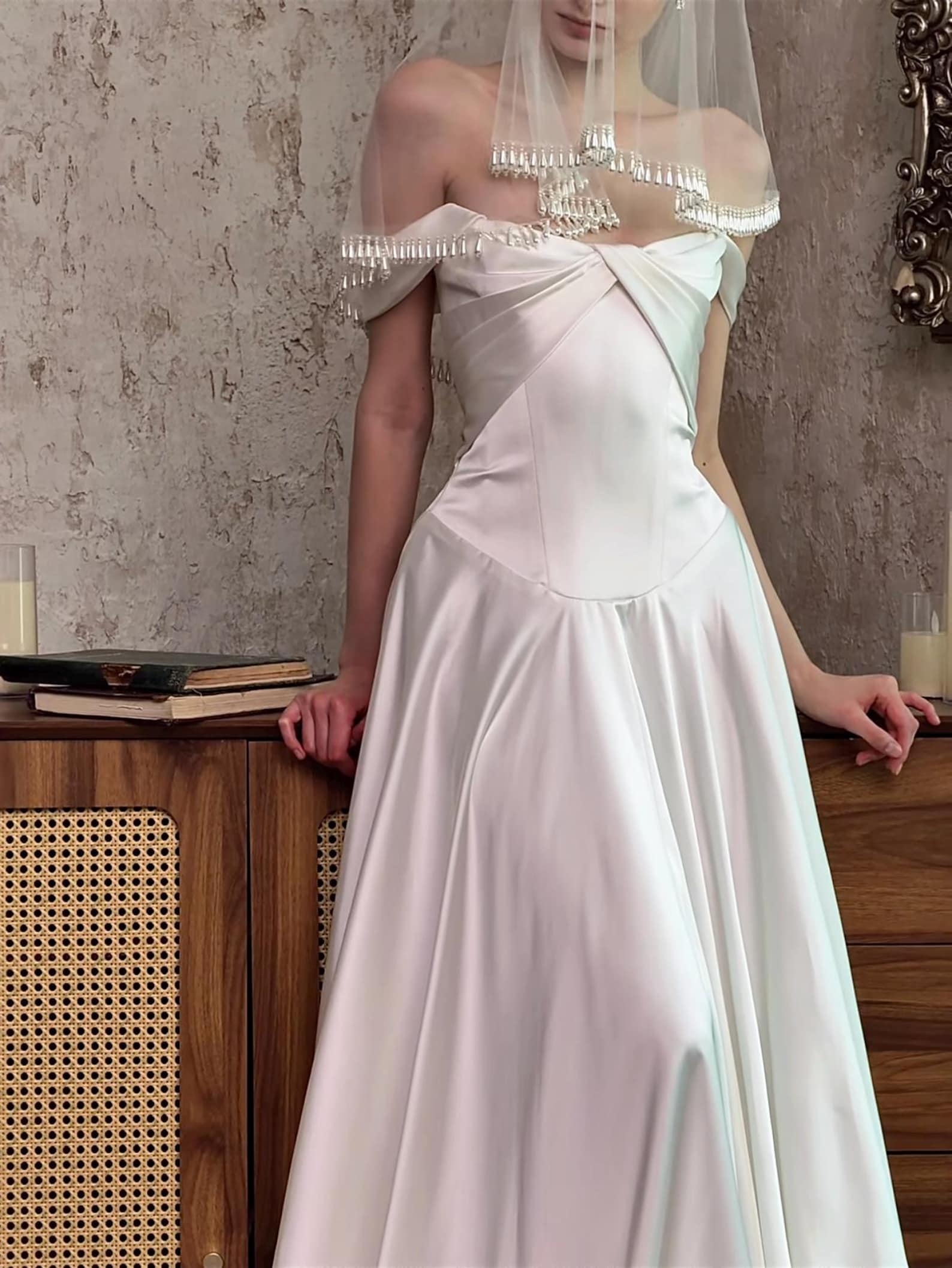 Satin Off Shoulder Twist Minimalist Wedding Dress