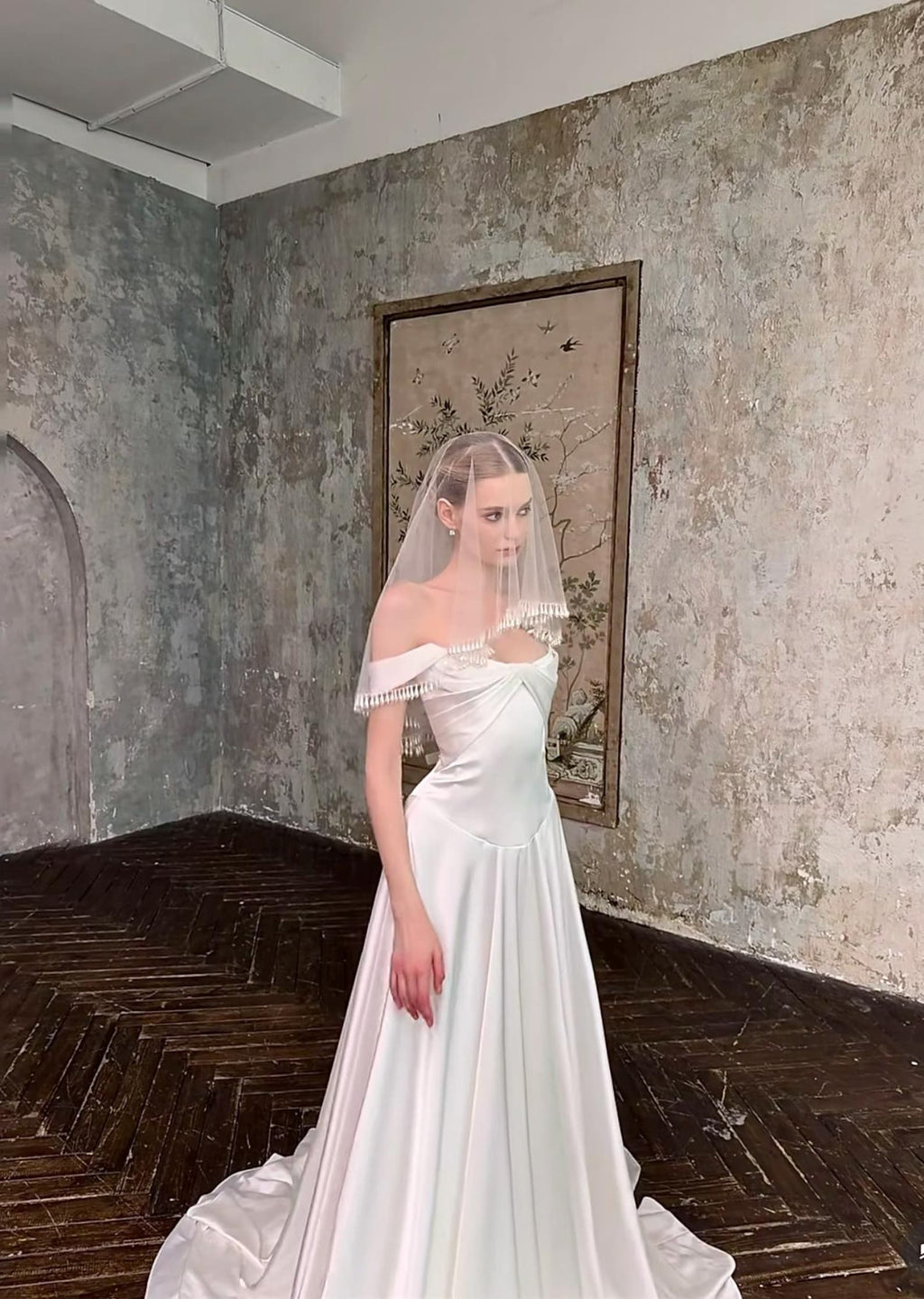 Satin Off Shoulder Twist Minimalist Wedding Dress