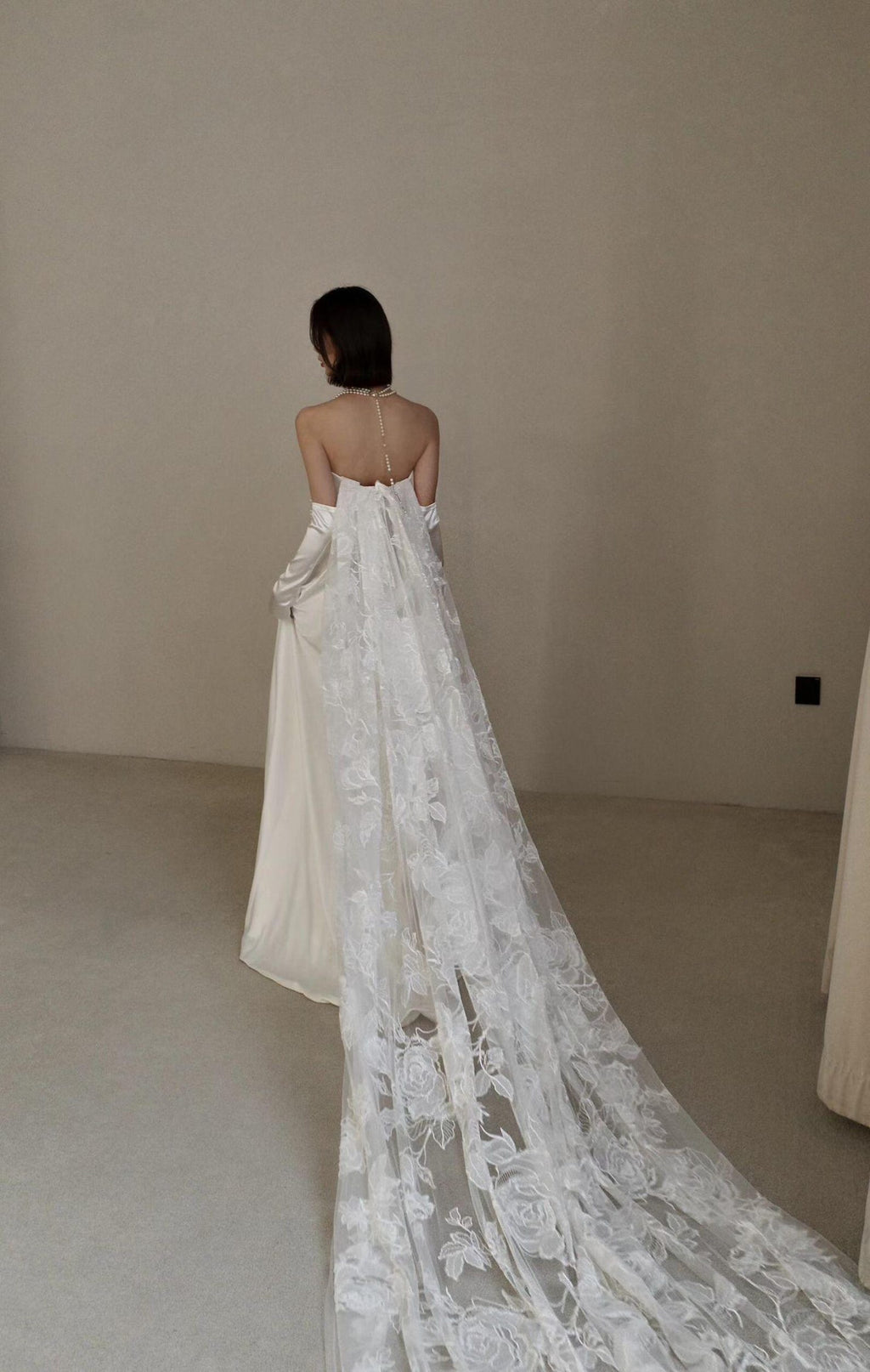 Minimalist Ivory Satin Wedding Gown, Single Pearl Chain Strap Mermaid Dress, Lace Applique Detachable Train Bride Dress
