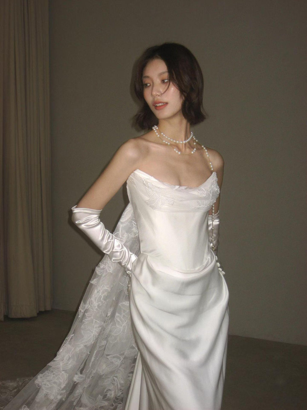 Minimalist Ivory Satin Wedding Gown, Single Pearl Chain Strap Mermaid Dress, Lace Applique Detachable Train Bride Dress