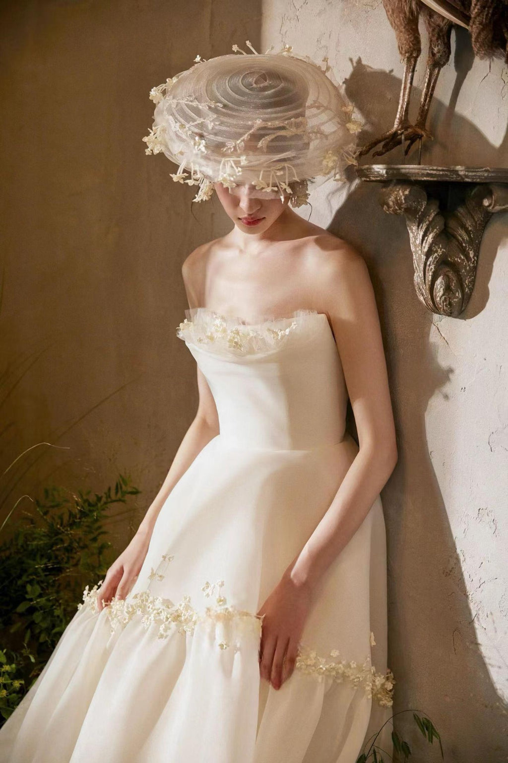 Minimalist Matte Satin Strapless Bridal Gown, Handmade Floral A Line Dress for Garden Wedding