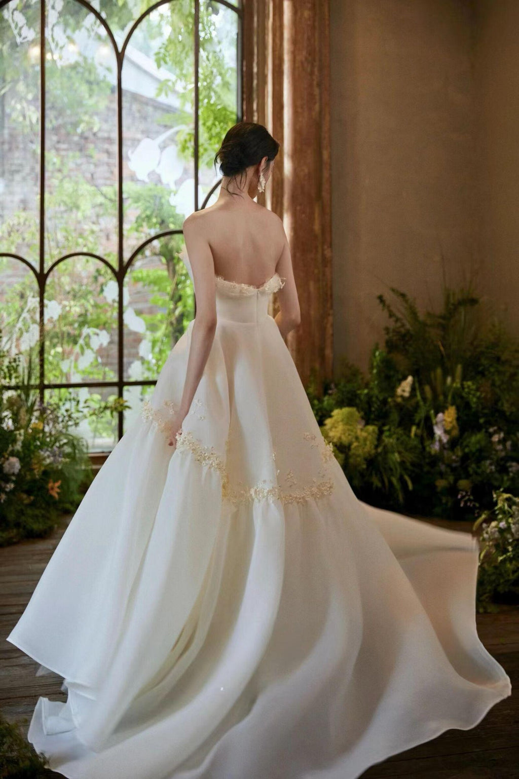 Minimalist Matte Satin Strapless Bridal Gown, Handmade Floral A Line Dress for Garden Wedding