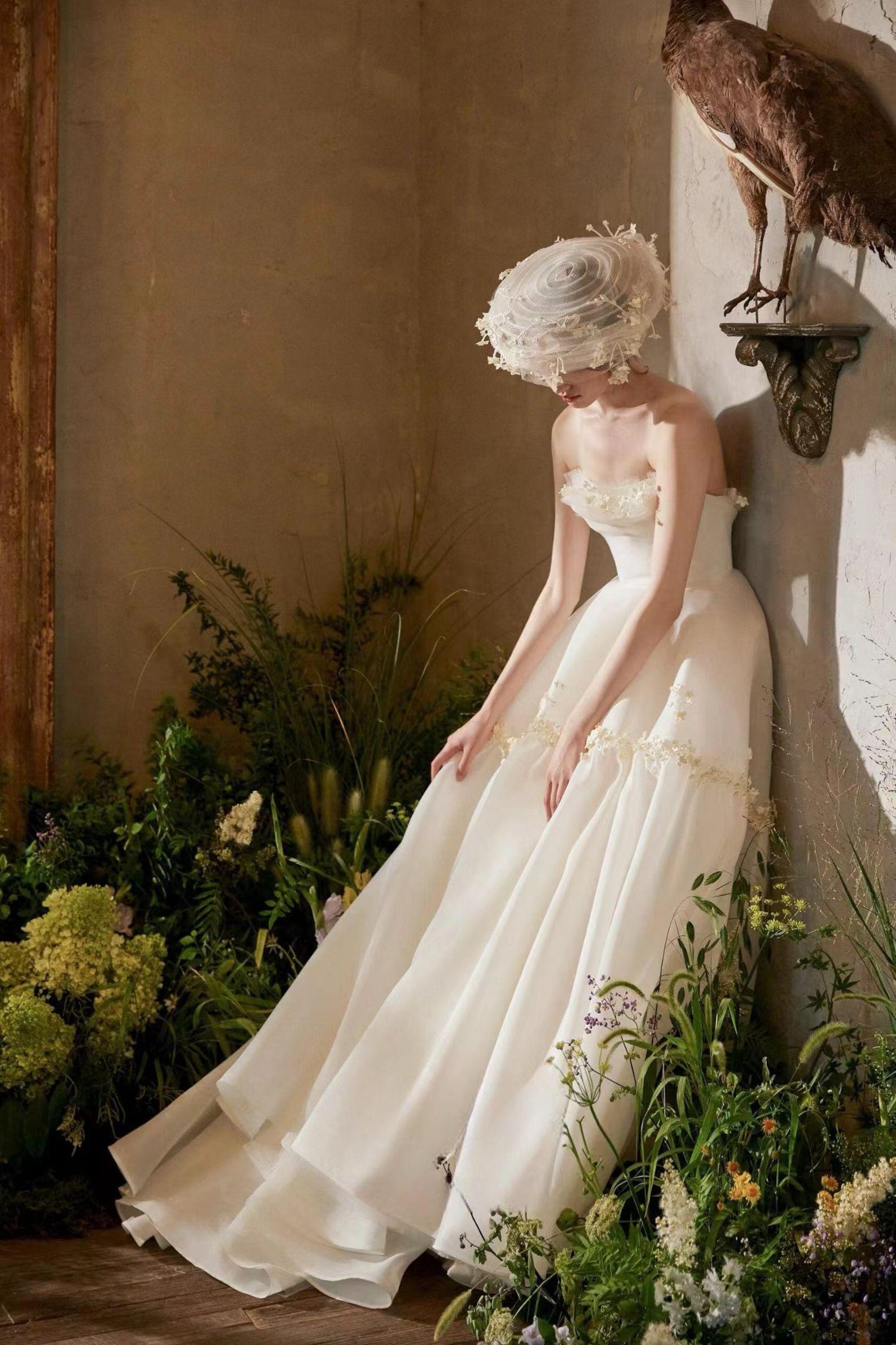 Minimalist Matte Satin Strapless Bridal Gown, Handmade Floral A Line Dress for Garden Wedding