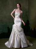 Luxury Ivory Satin Mermaid Wedding Dress | Strapless Ruched Design With Detachable Sleeves