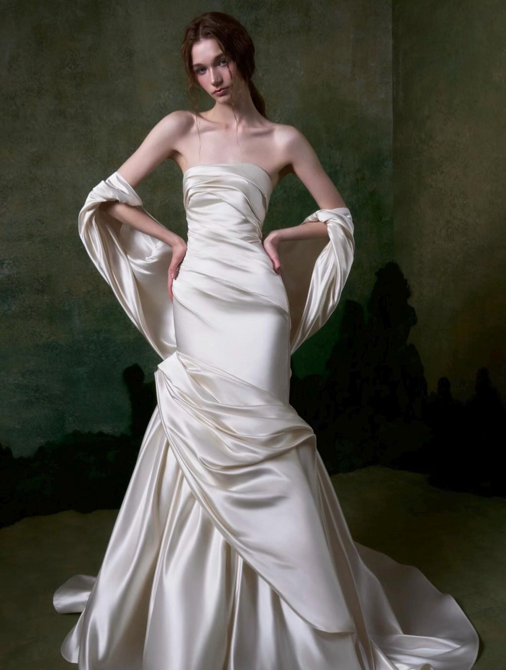 Luxury Ivory Satin Mermaid Wedding Dress | Strapless Ruched Design With Detachable Sleeves