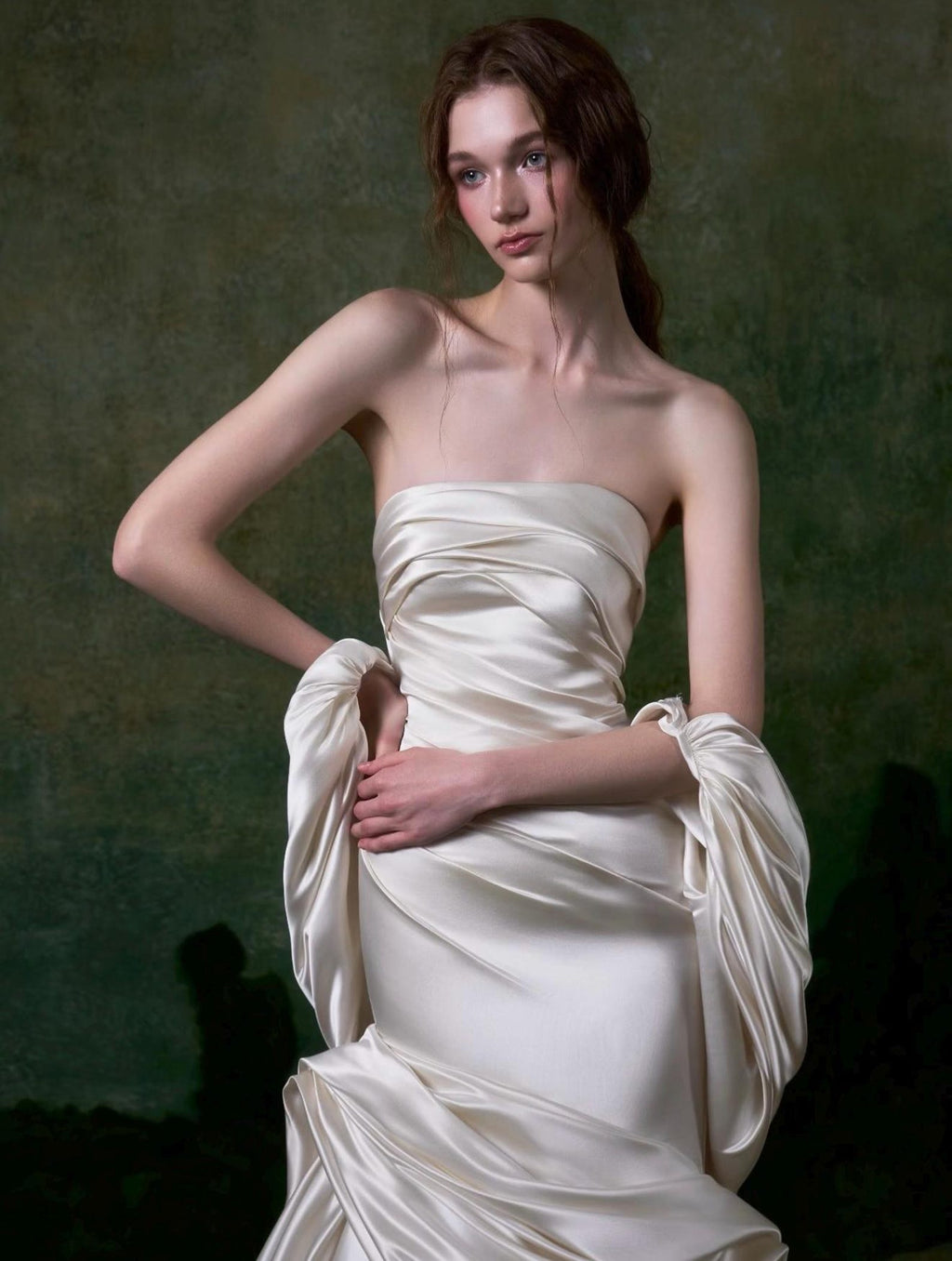 Luxury Ivory Satin Mermaid Wedding Dress | Strapless Ruched Design With Detachable Sleeves
