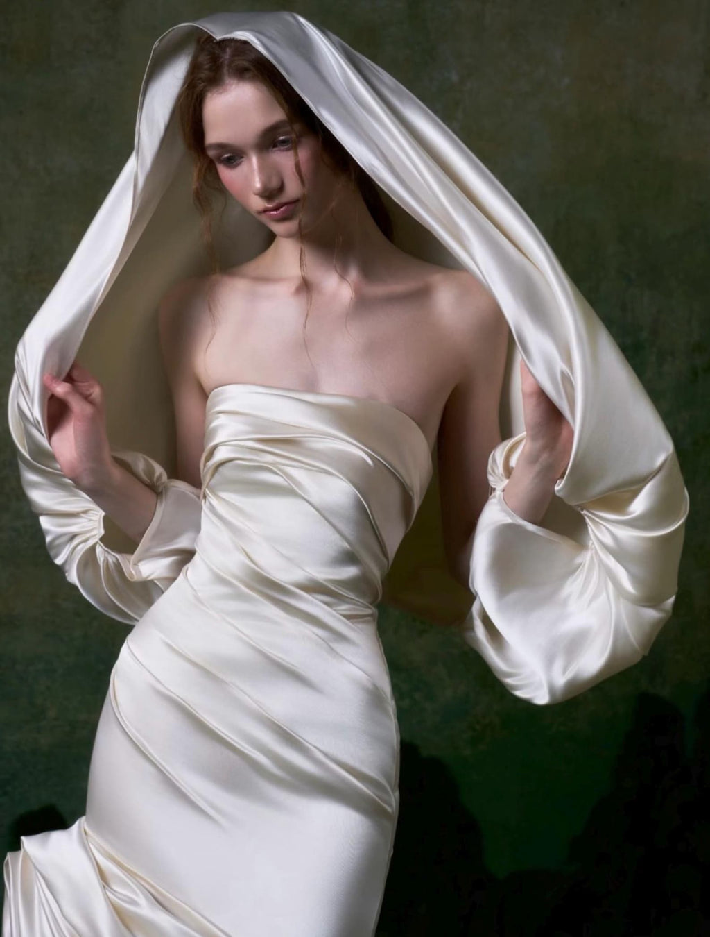 Luxury Ivory Satin Mermaid Wedding Dress | Strapless Ruched Design With Detachable Sleeves