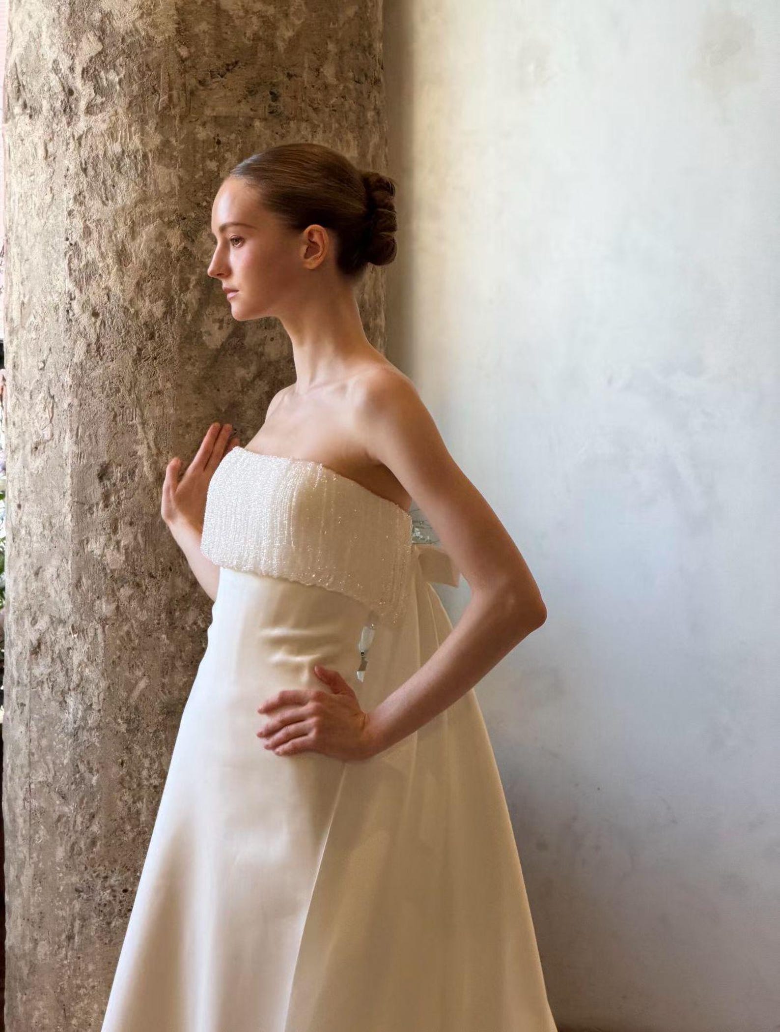 Beaded Fringe Tube Top Satin Wedding Gown Bow Back A Line Bridal Dress