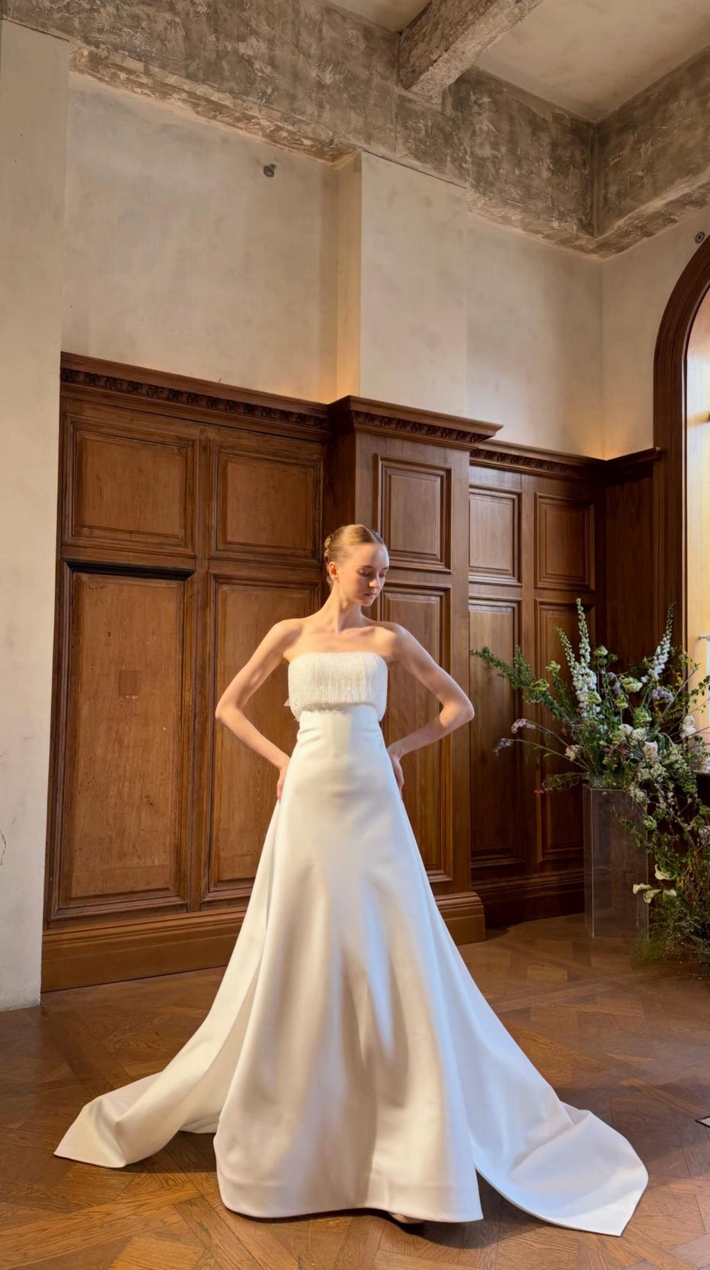 Beaded Fringe Tube Top Satin Wedding Gown Bow Back A Line Bridal Dress