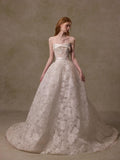 Strapless Lace Ballgown Wedding Dress, Satin Waist Belt Floral Lace Bridal Gown With Train, Vintage Luxury Wedding Gown