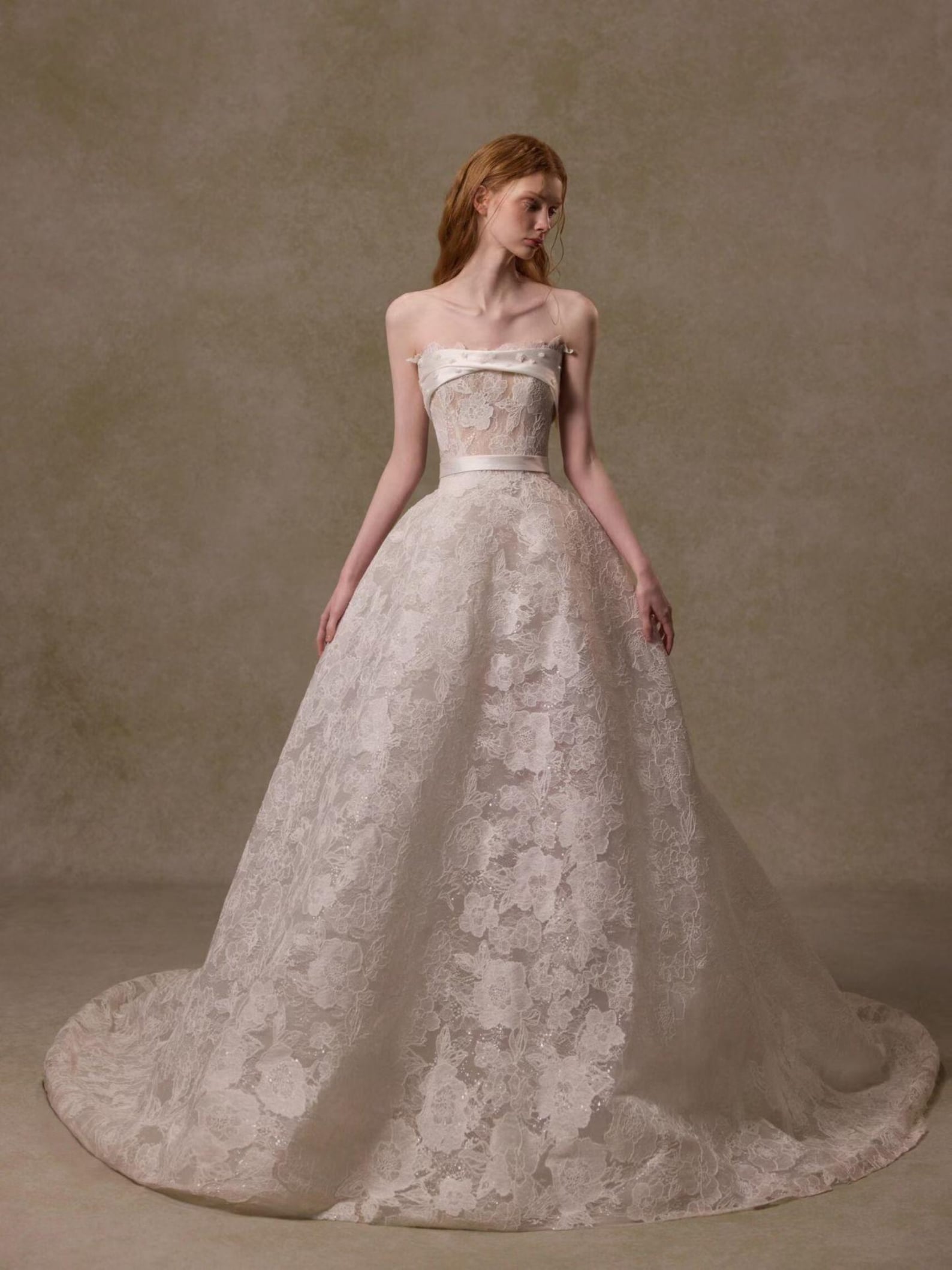 Strapless Lace Ballgown Wedding Dress, Satin Waist Belt Floral Lace Bridal Gown With Train, Vintage Luxury Wedding Gown