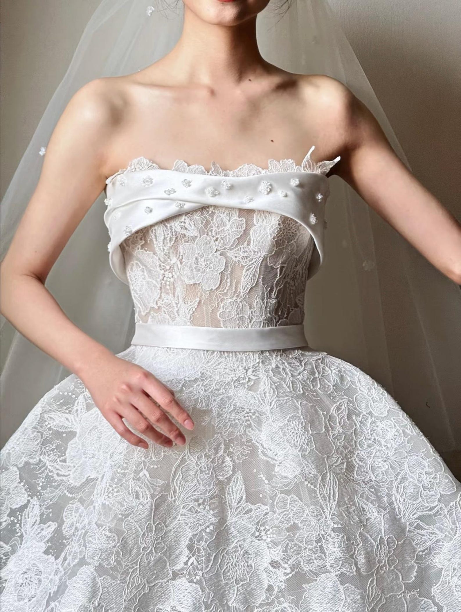 Strapless Lace Ballgown Wedding Dress, Satin Waist Belt Floral Lace Bridal Gown With Train, Vintage Luxury Wedding Gown