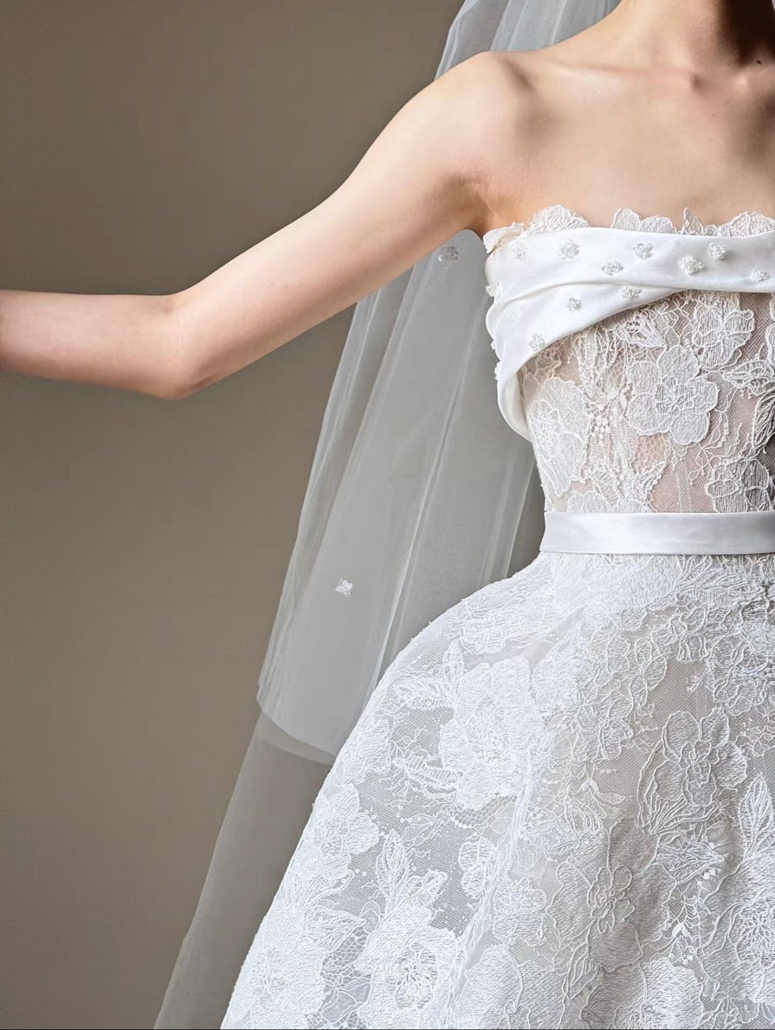 Strapless Lace Ballgown Wedding Dress, Satin Waist Belt Floral Lace Bridal Gown With Train, Vintage Luxury Wedding Gown