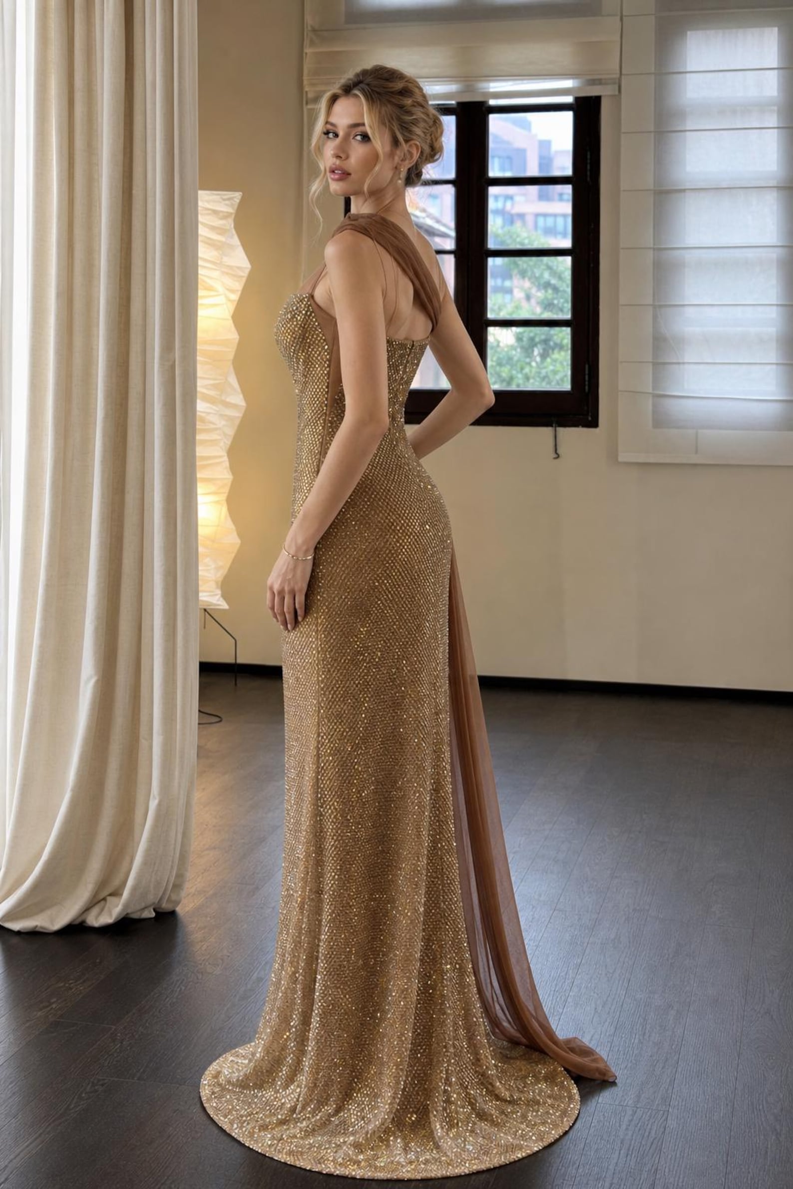 Handmade Glitter Gold Sequin Maxi Gown Sheer Mesh Neck Gala Dress