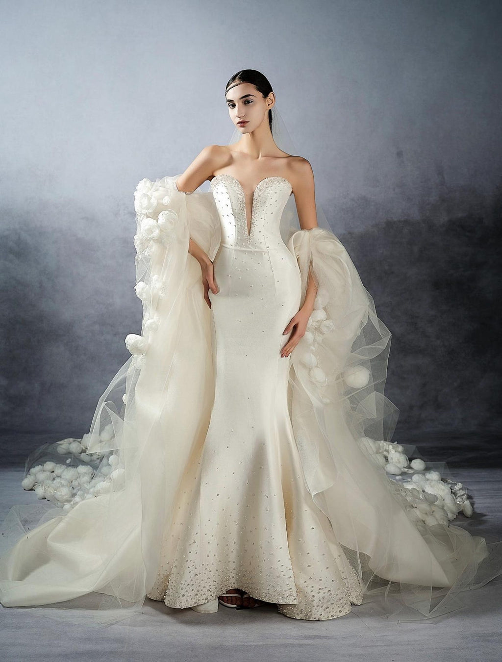 Strapless Deep V Satin Mermaid Wedding Dress with 3D Peony Oversheer Sleeves Luxury Hand Beaded Couture Bridal Gown