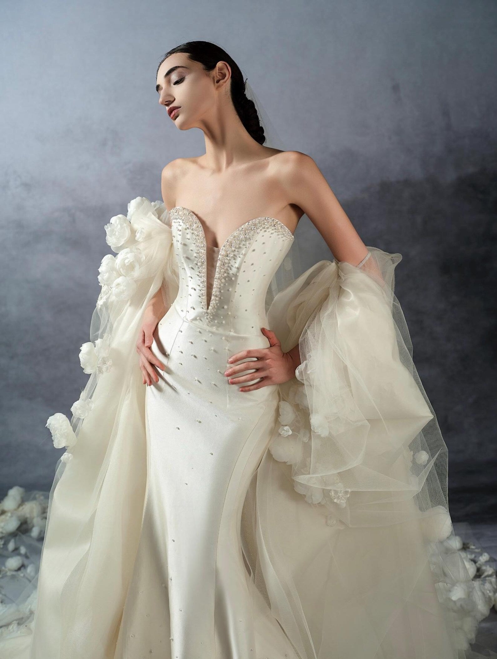 Strapless Deep V Satin Mermaid Wedding Dress with 3D Peony Oversheer Sleeves Luxury Hand Beaded Couture Bridal Gown