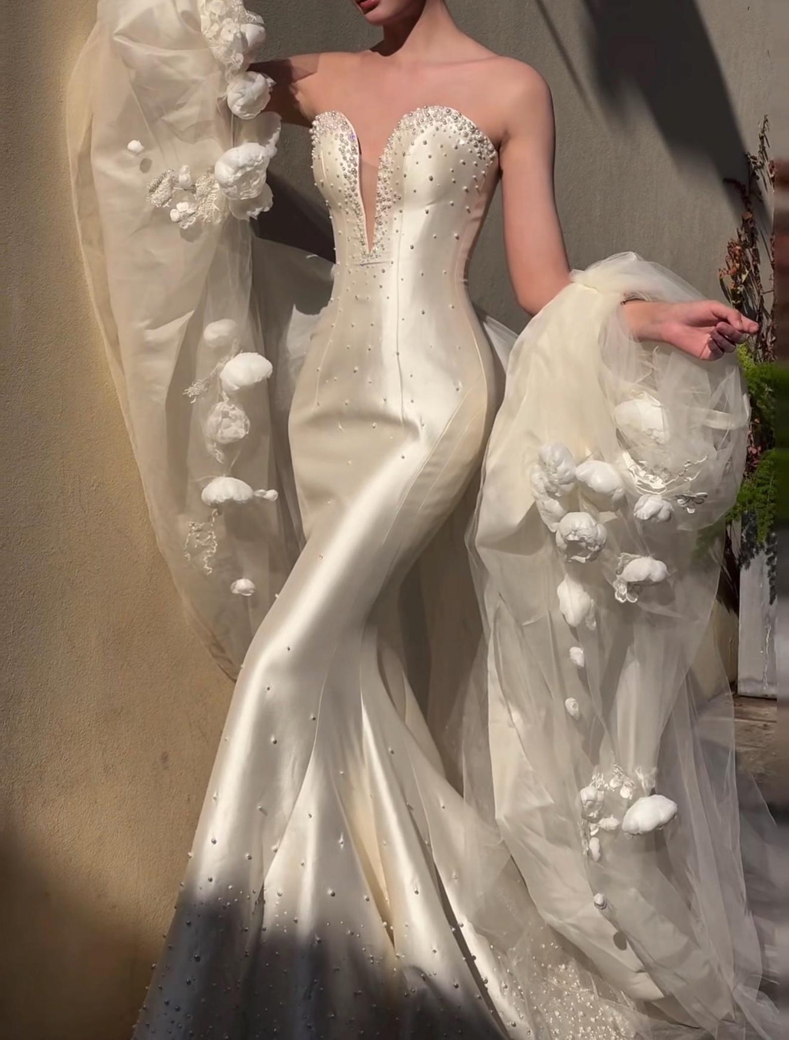 Strapless Deep V Satin Mermaid Wedding Dress with 3D Peony Oversheer Sleeves Luxury Hand Beaded Couture Bridal Gown