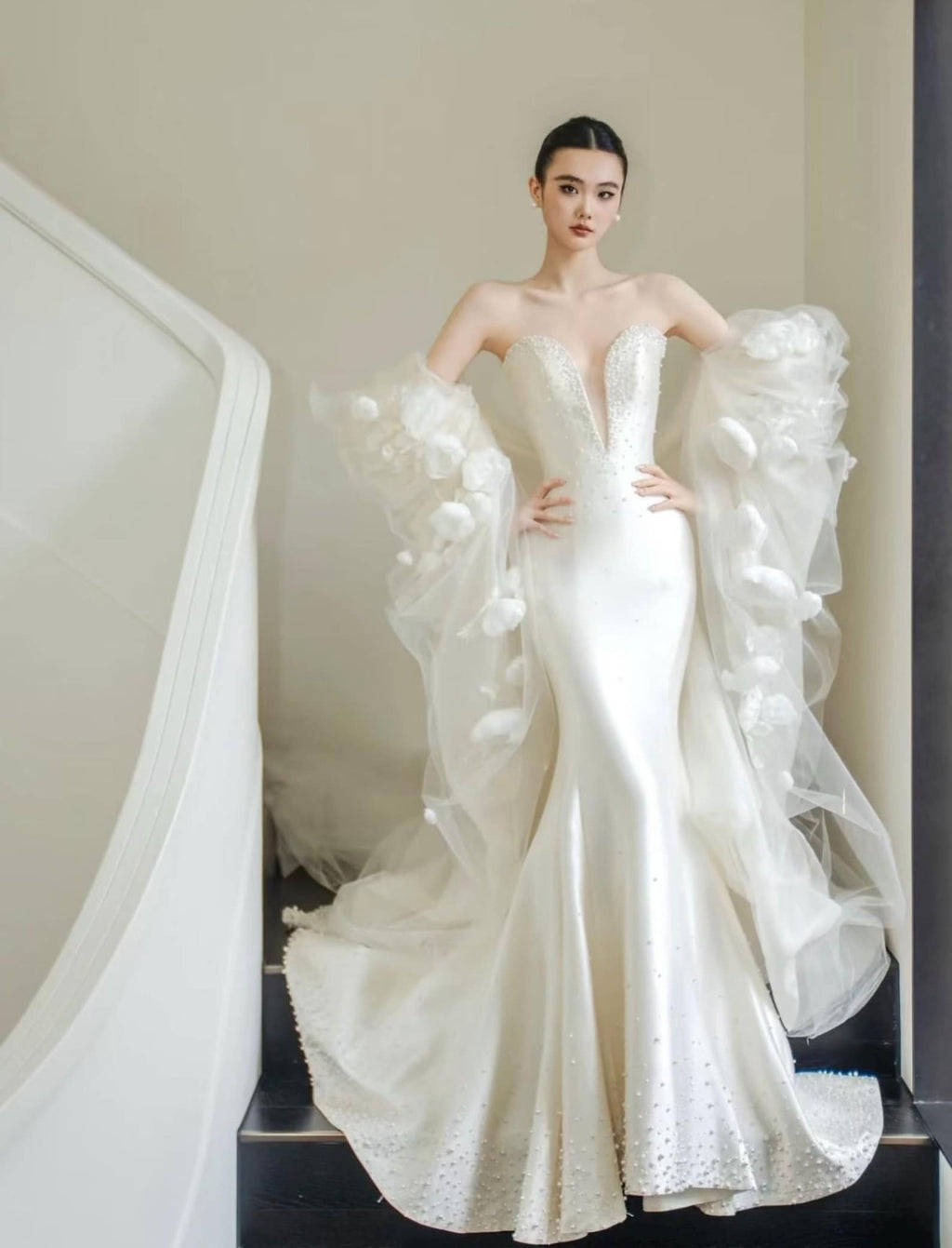 Strapless Deep V Satin Mermaid Wedding Dress with 3D Peony Oversheer Sleeves Luxury Hand Beaded Couture Bridal Gown