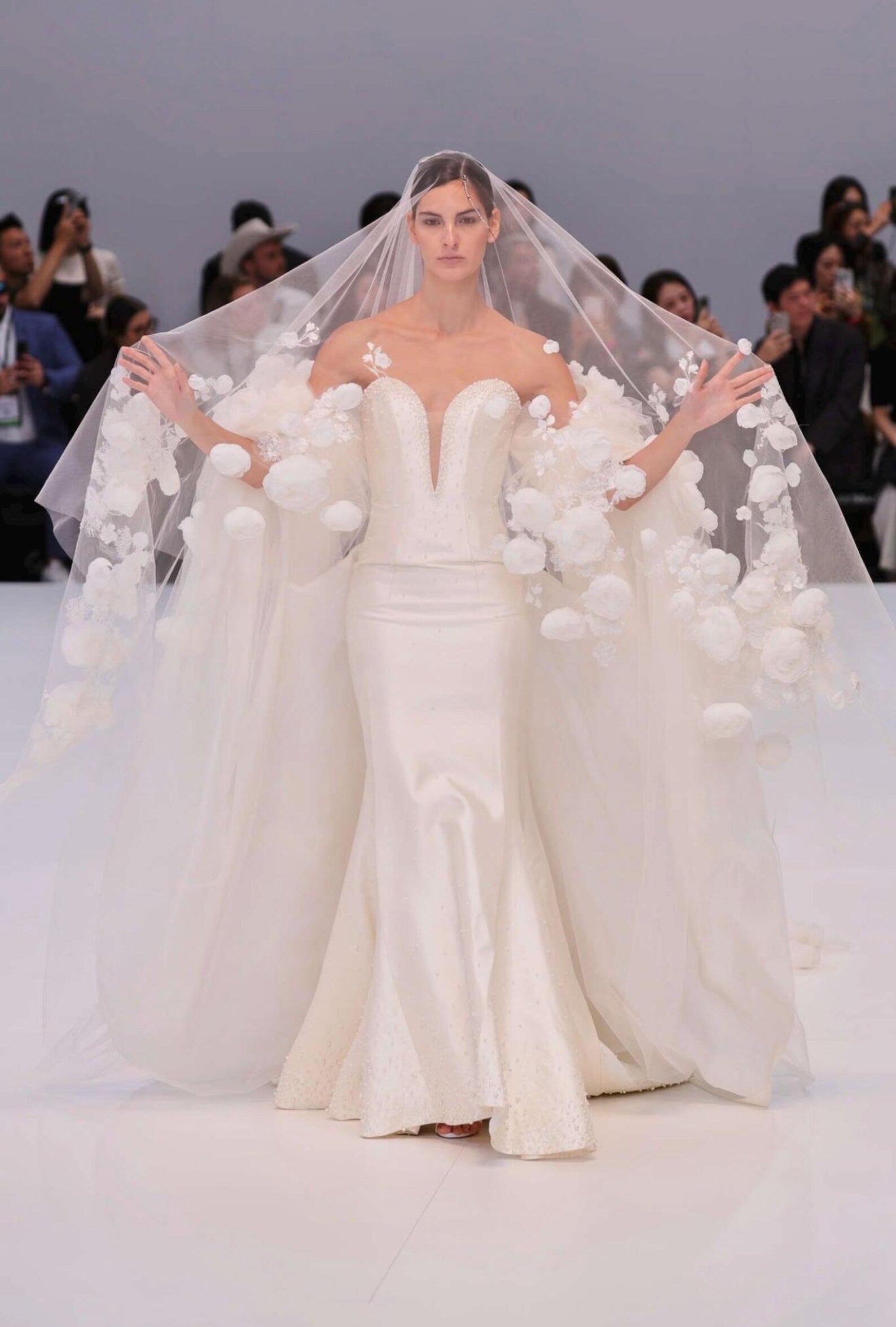 Strapless Deep V Satin Mermaid Wedding Dress with 3D Peony Oversheer Sleeves Luxury Hand Beaded Couture Bridal Gown