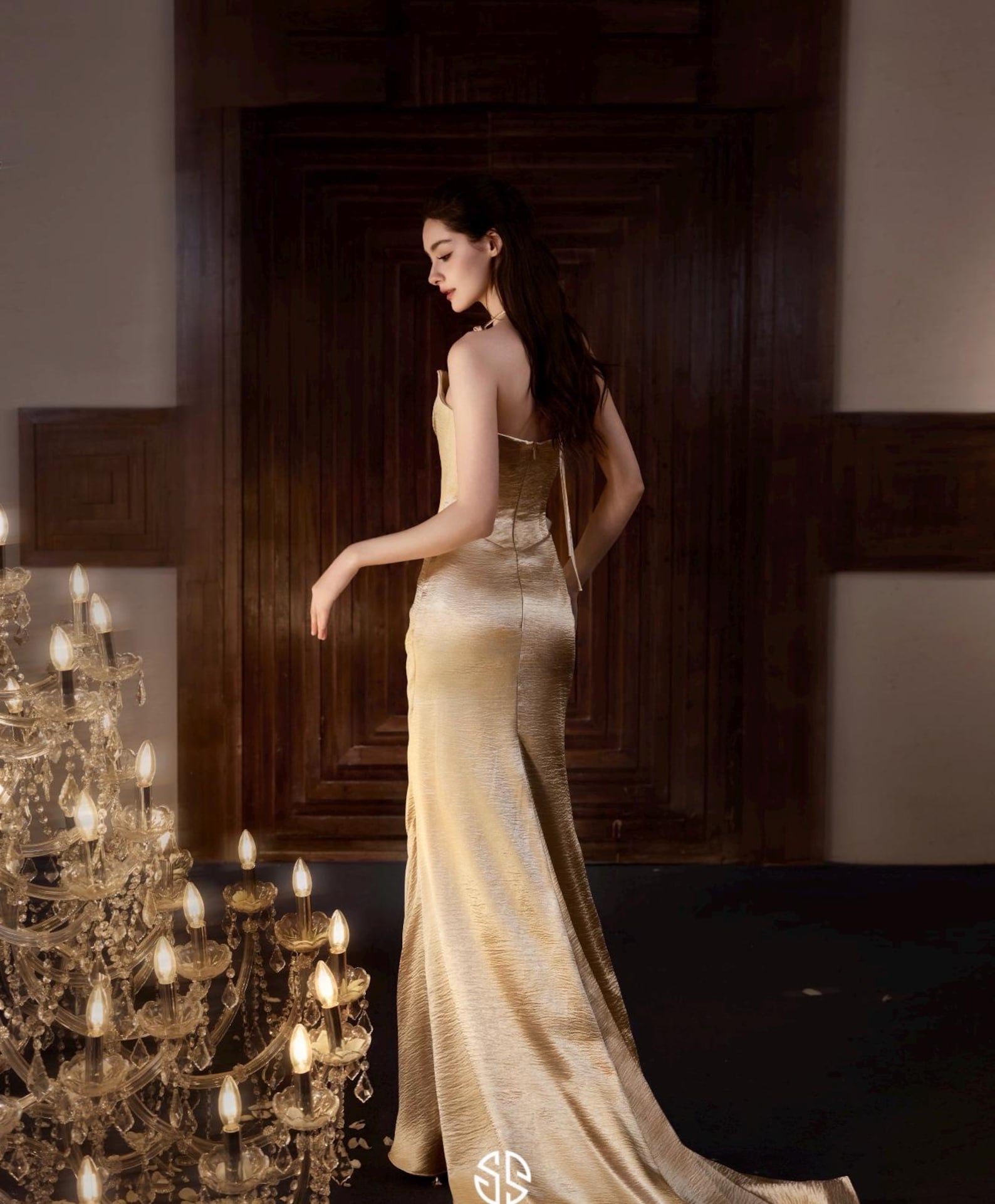Strapless Champagne Satin Mermaid Evening Gown Draped Ruched Formal Wedding Reception Dress