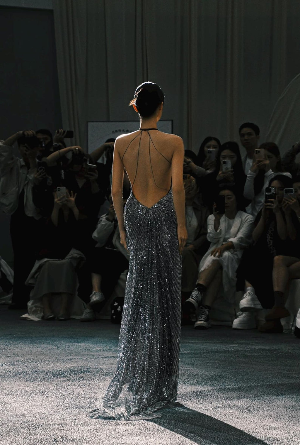 Silver Sparkle Draped Halter Neck Mermaid Formal Gown