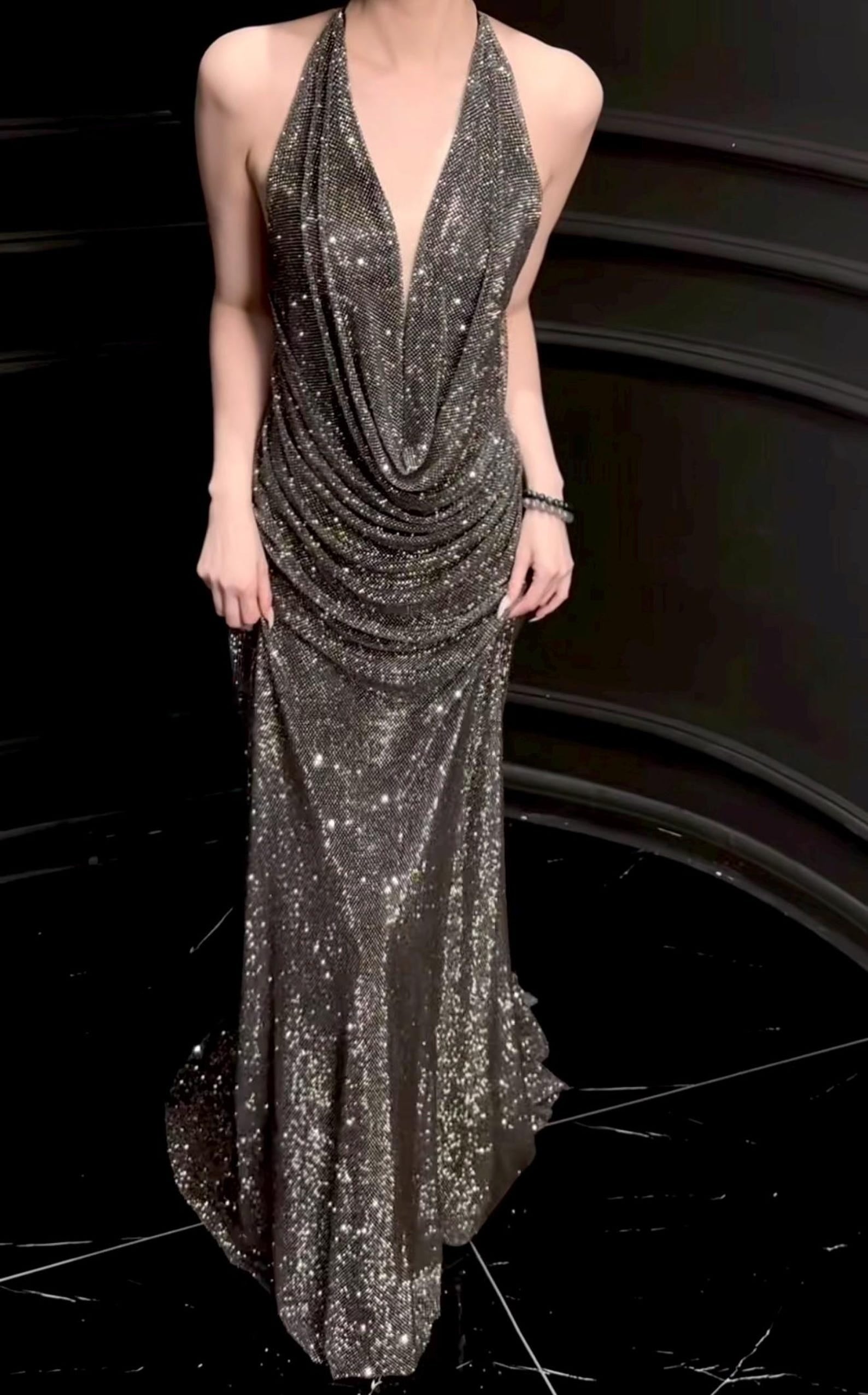 Silver Sparkle Draped Halter Neck Mermaid Formal Gown