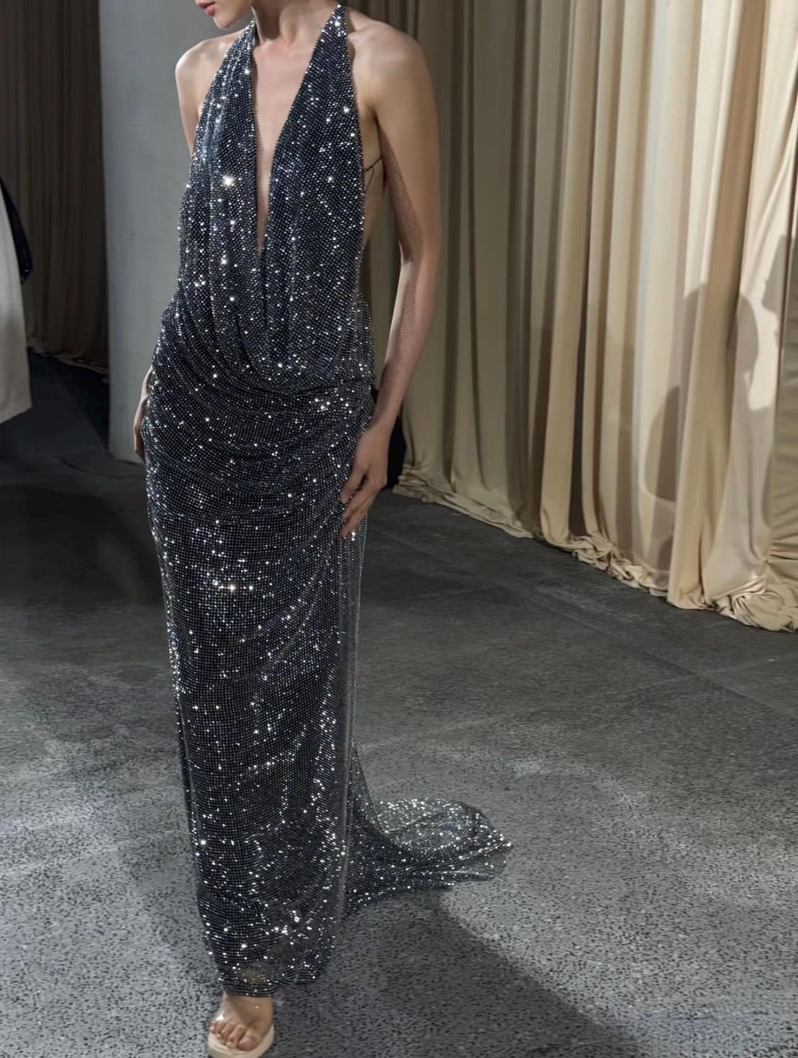 Silver Sparkle Draped Halter Neck Mermaid Formal Gown
