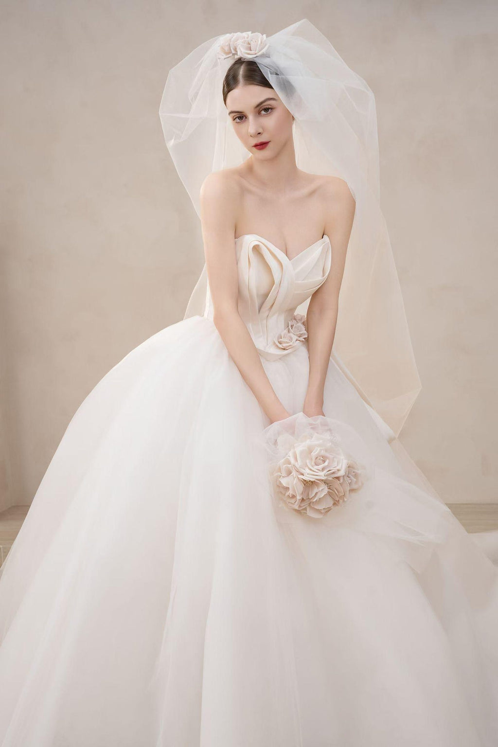 Strapless Fold Satin Bodice Ballgown Wedding Dress 3D Blush Floral Voluminous Tulle Bridal Gown
