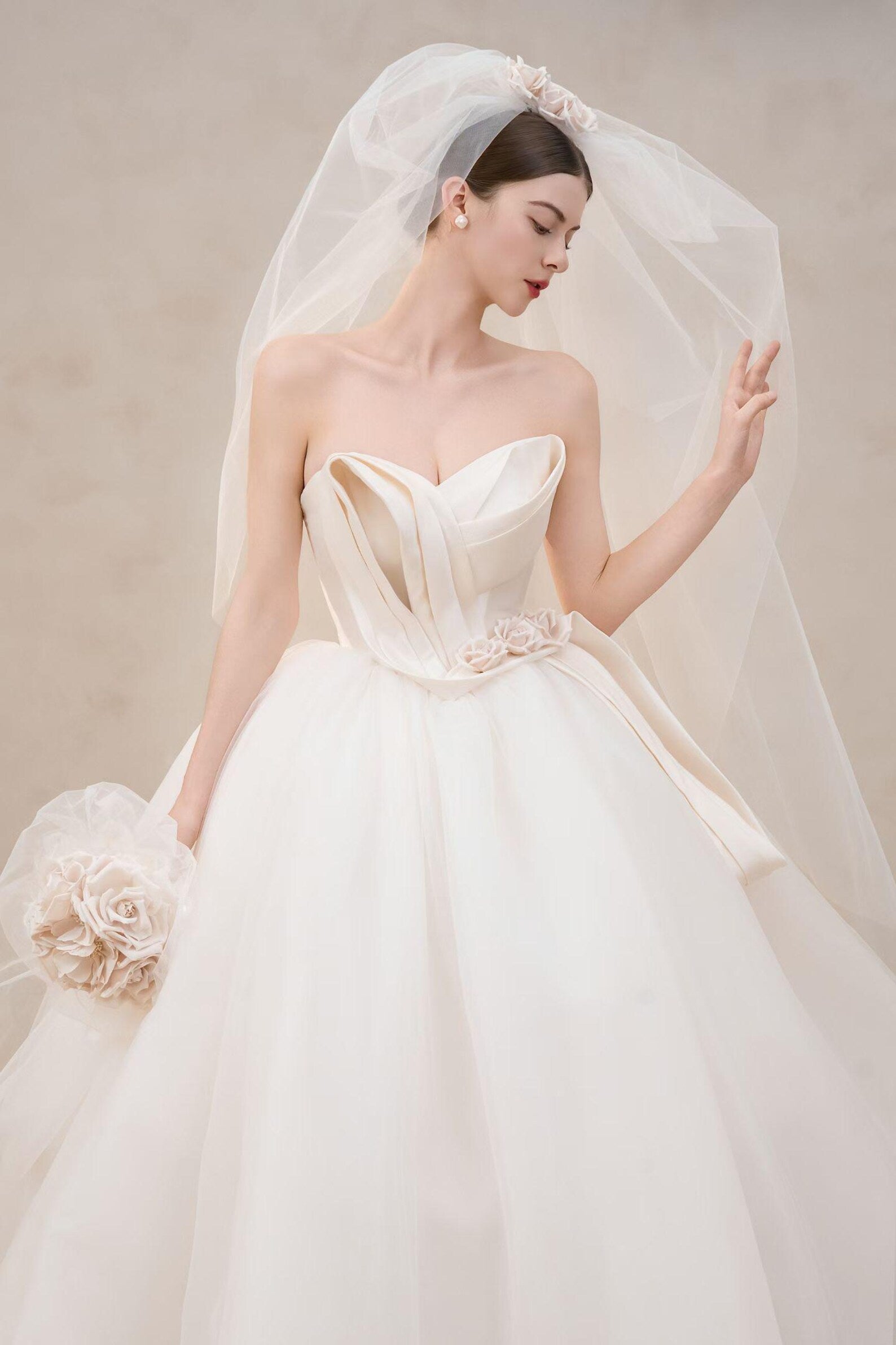 Strapless Fold Satin Bodice Ballgown Wedding Dress 3D Blush Floral Voluminous Tulle Bridal Gown