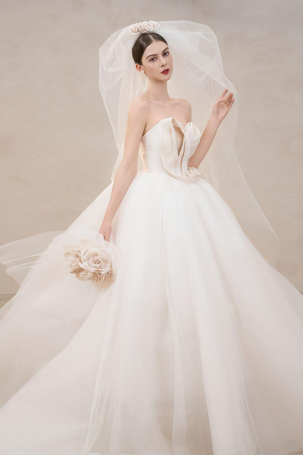 Strapless Fold Satin Bodice Ballgown Wedding Dress 3D Blush Floral Voluminous Tulle Bridal Gown