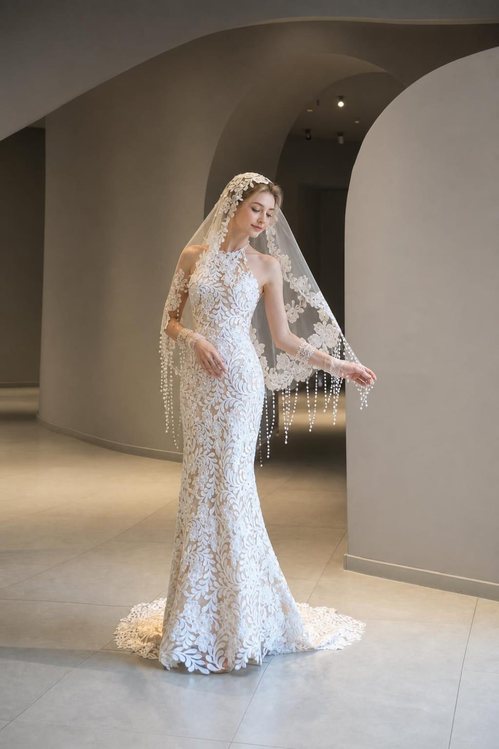Vintage Halter Neck Lace Mermaid Wedding Gown, Curve Hugging Floral Lace Bridal Dress, Custom Size Wedding Dress with Beaded Tassel Veil