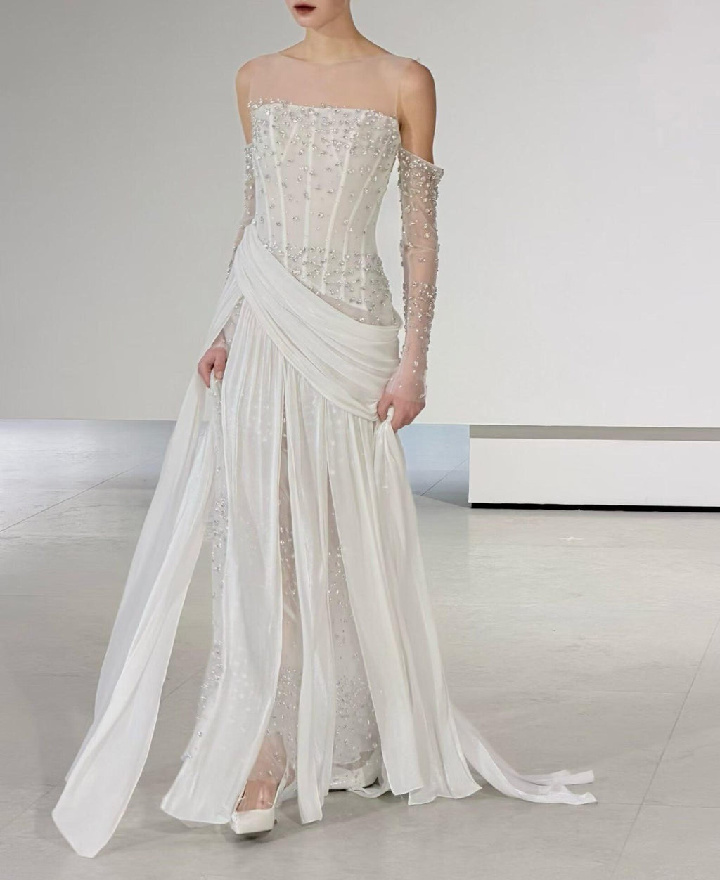 Corset Beaded Draped Slit Bridal Gown with Gloves