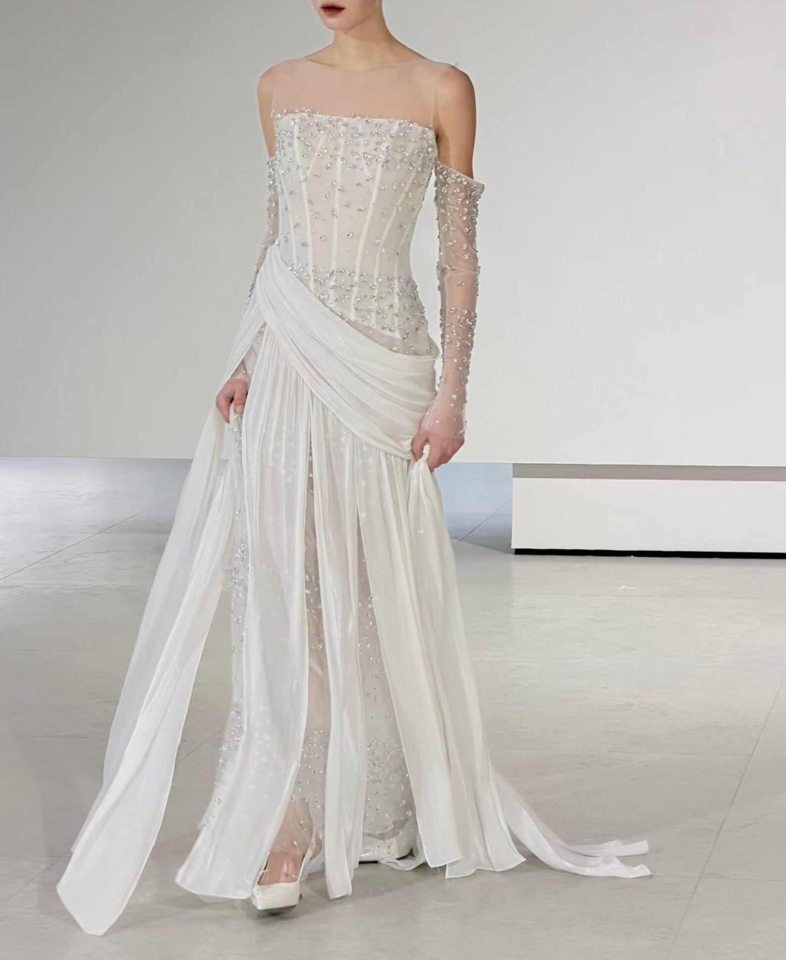 Corset Beaded Draped Slit Bridal Gown with Gloves